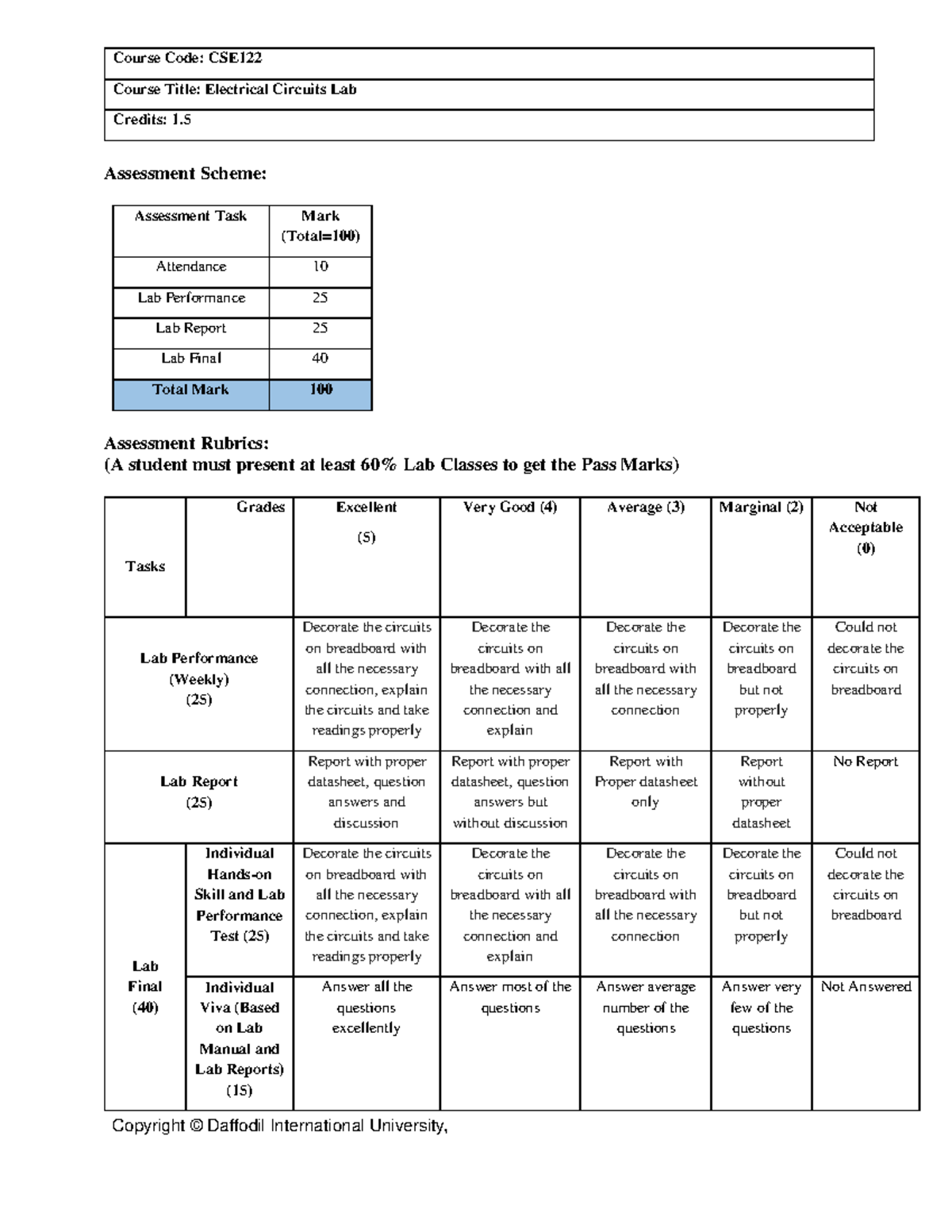 CSE122: Electrical Circuits Lab Manual - Assessment & Guidelines - Studocu