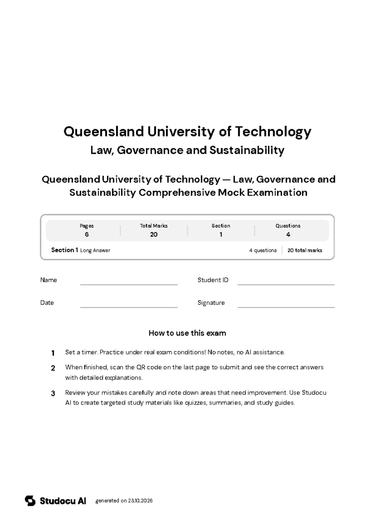 QUT Law, Governance & Sustainability Mock Exam - Studocu