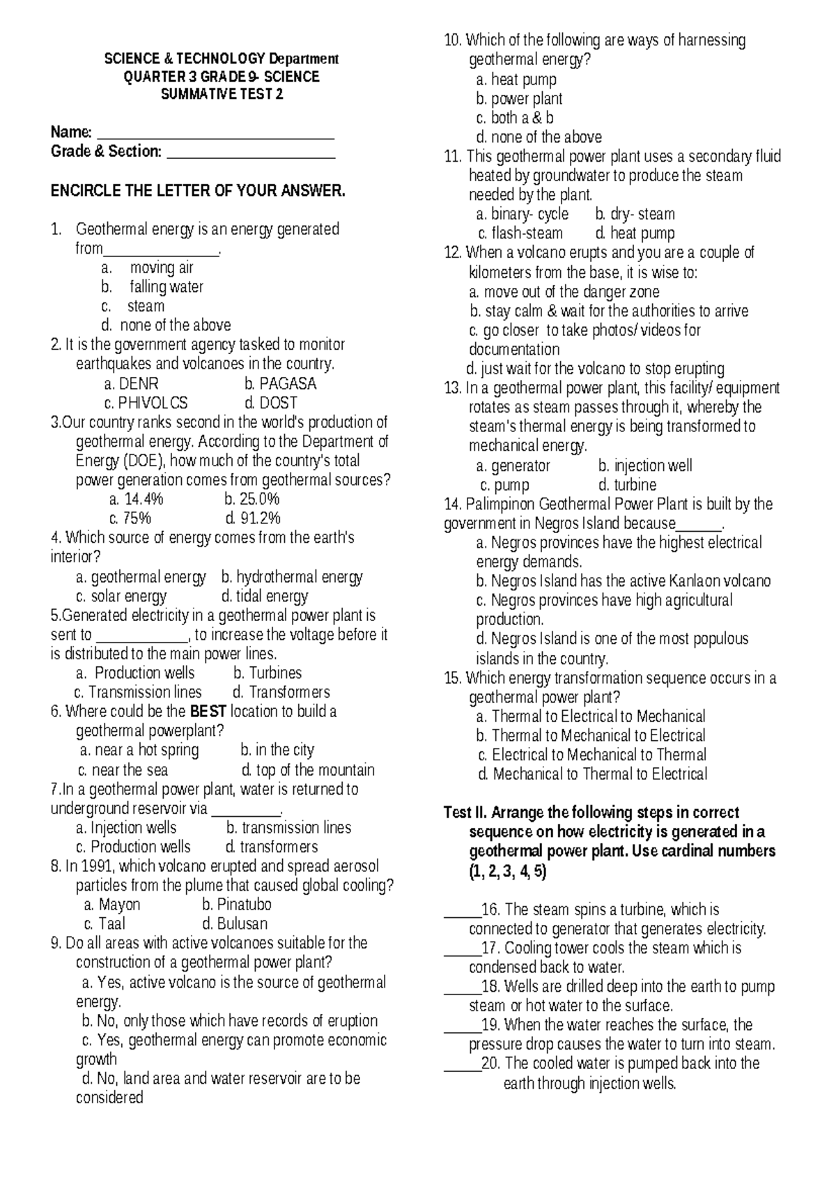 Q3 G9 ES-ST2 - Science Summative Test 2 Answers - Studocu