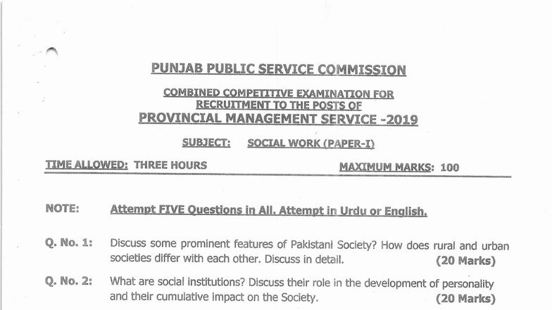 PMS 2019 Social Work Exam Paper: Key Topics & Questions - Studocu