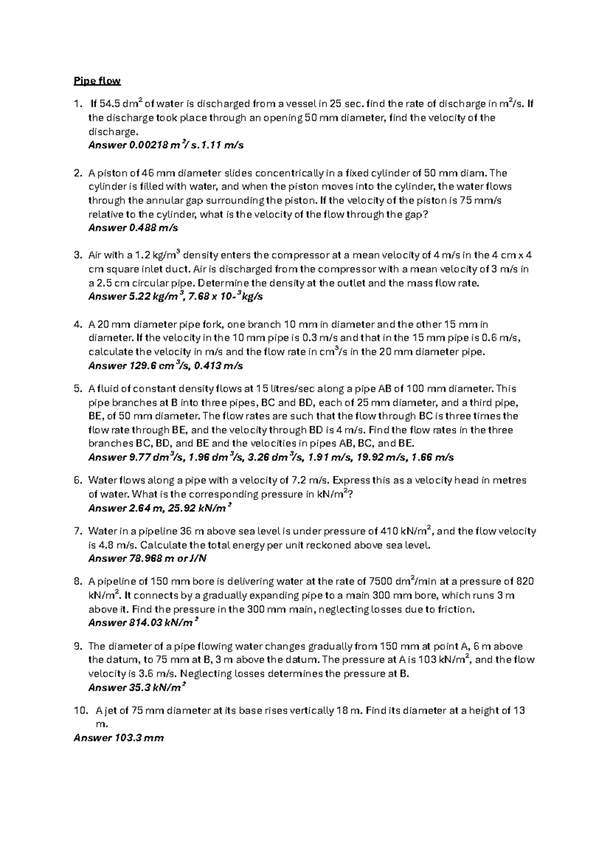 Pipe Flow Problem - Practice Questions for Fluid Mechanics (ENG 101 ...
