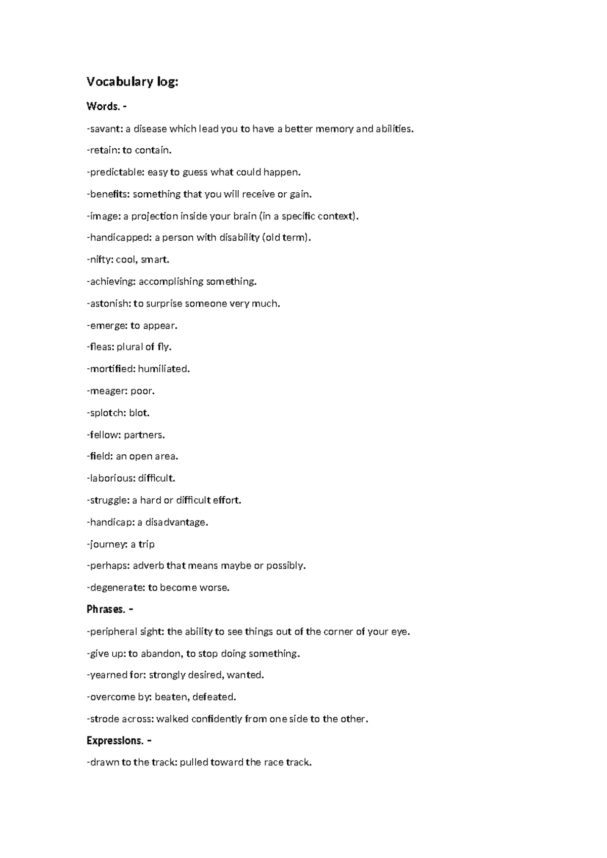Vocabulary Log: Memory-Enhancing Words and Phrases - Studocu