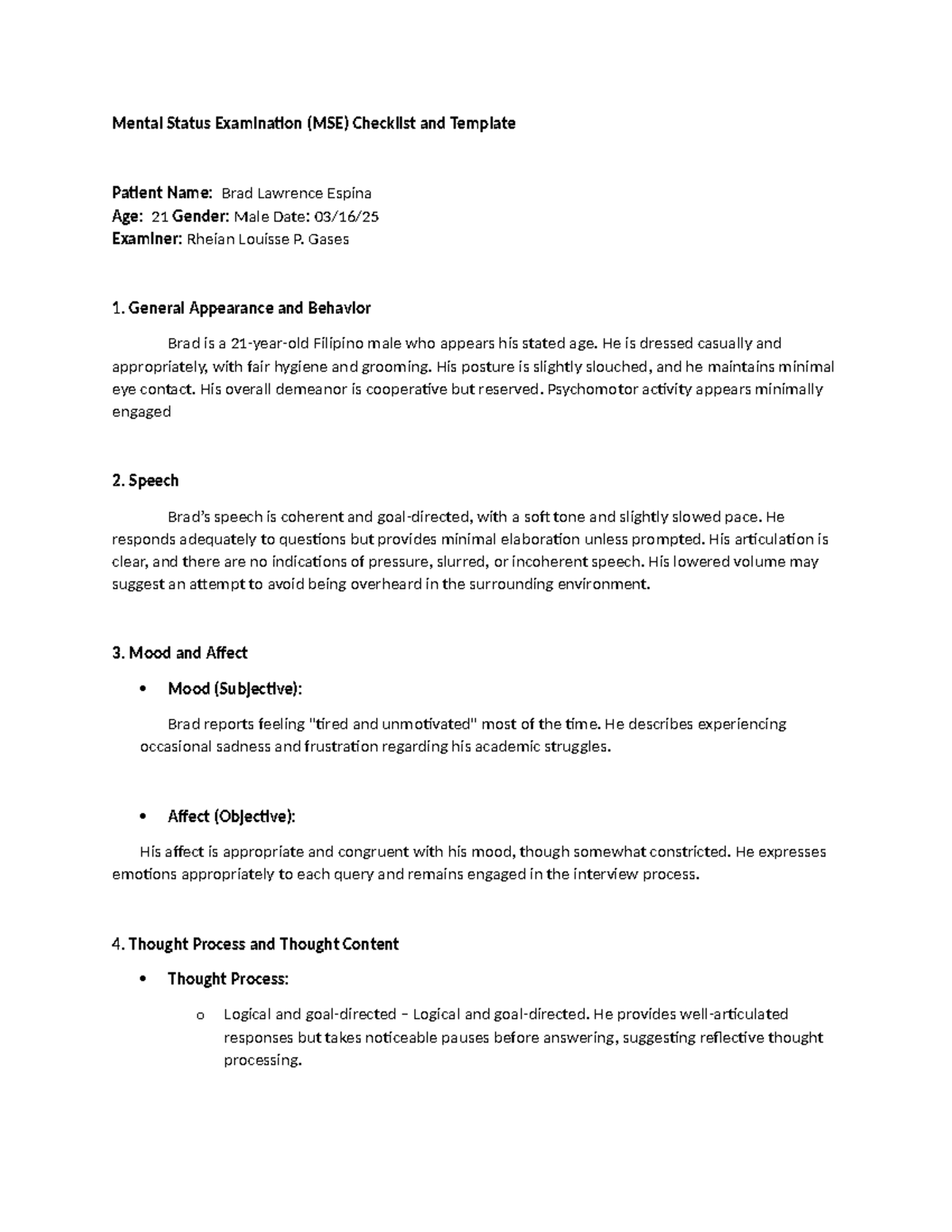 Mental Status Examination template - Mental Status Examination (MSE ...