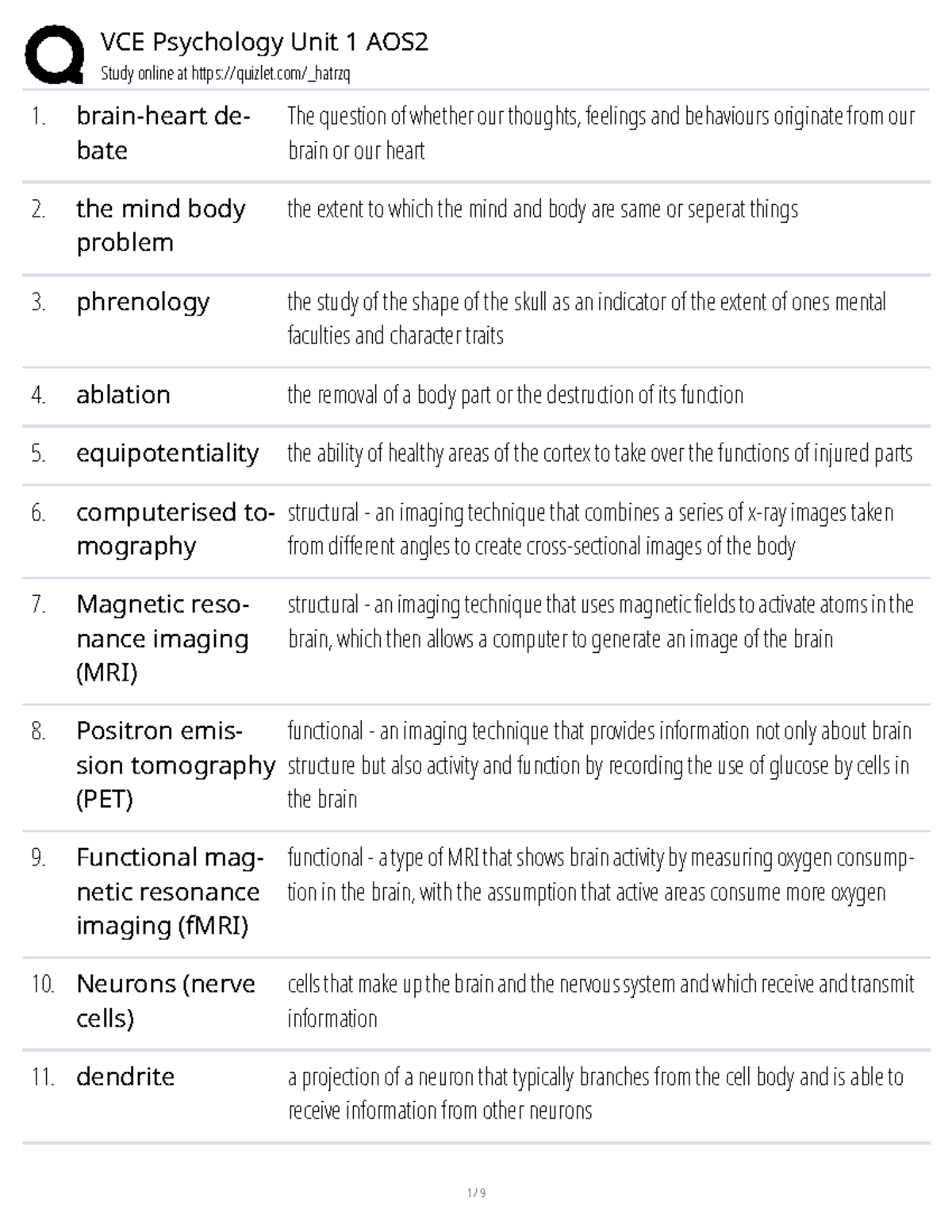 VCE Psychology Unit 1 AOS2 Study Notes: Brain Functions & Structures ...