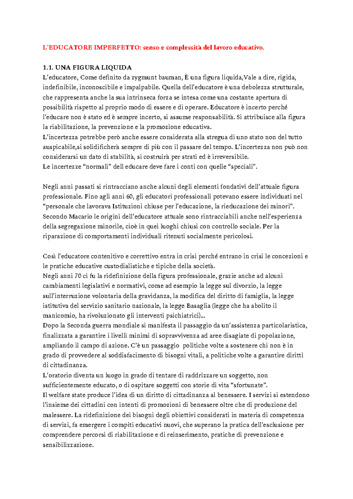Educatore Imperfetto: Senso e Complessità nel Lavoro Educativo - Studocu