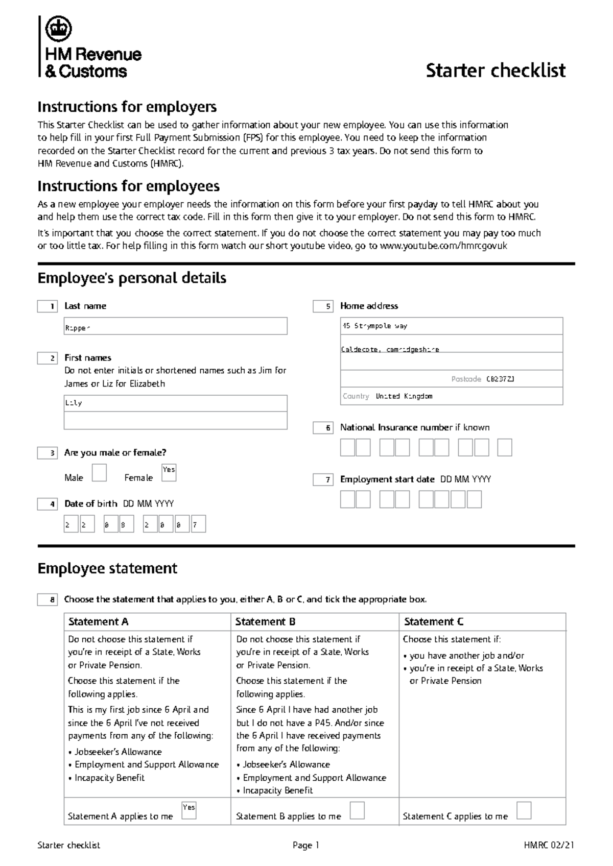 Starter checklist (filled in) - Starter checklist Instructions for ...