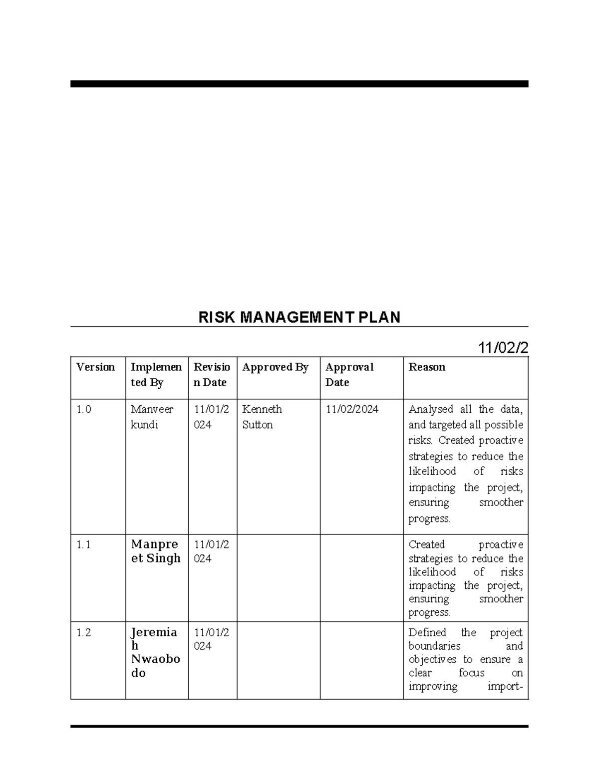 RISK MANAGEMENT PLAN 024: Strategies for IT Project Compliance - Studocu