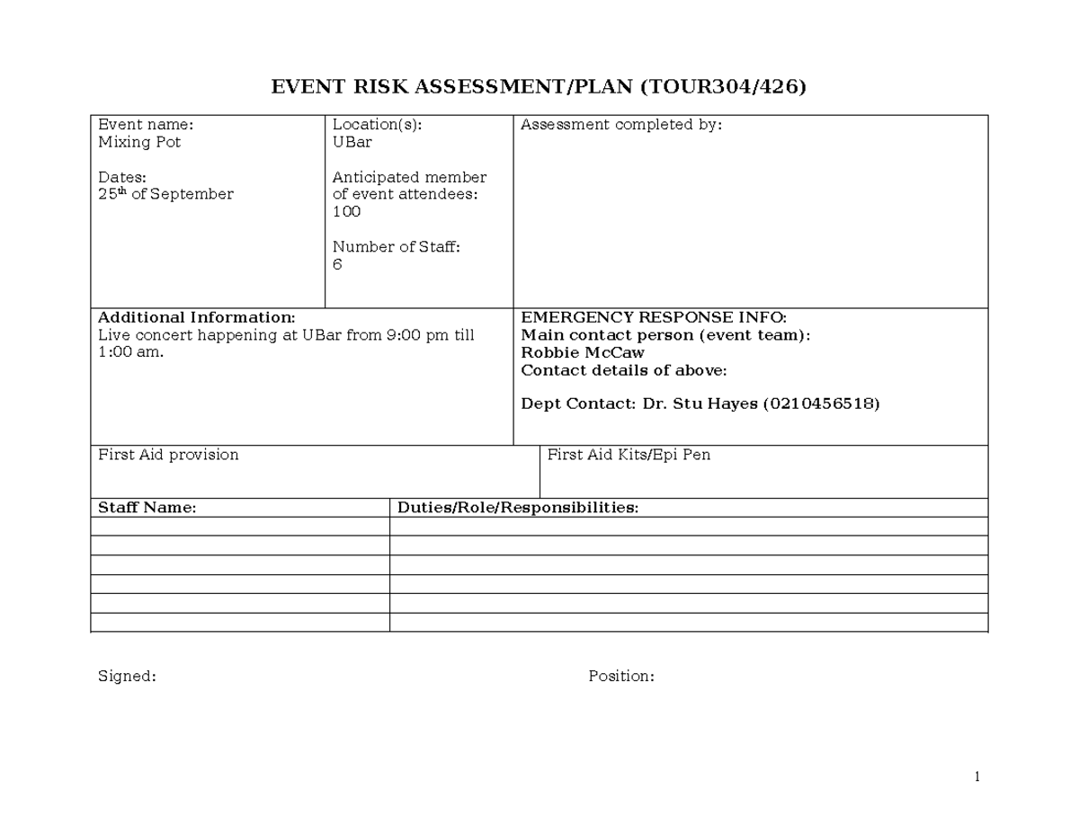 Risk Assessment Plan Event Management 2025 - EVENT RISK ASSESSMENT/PLAN ...