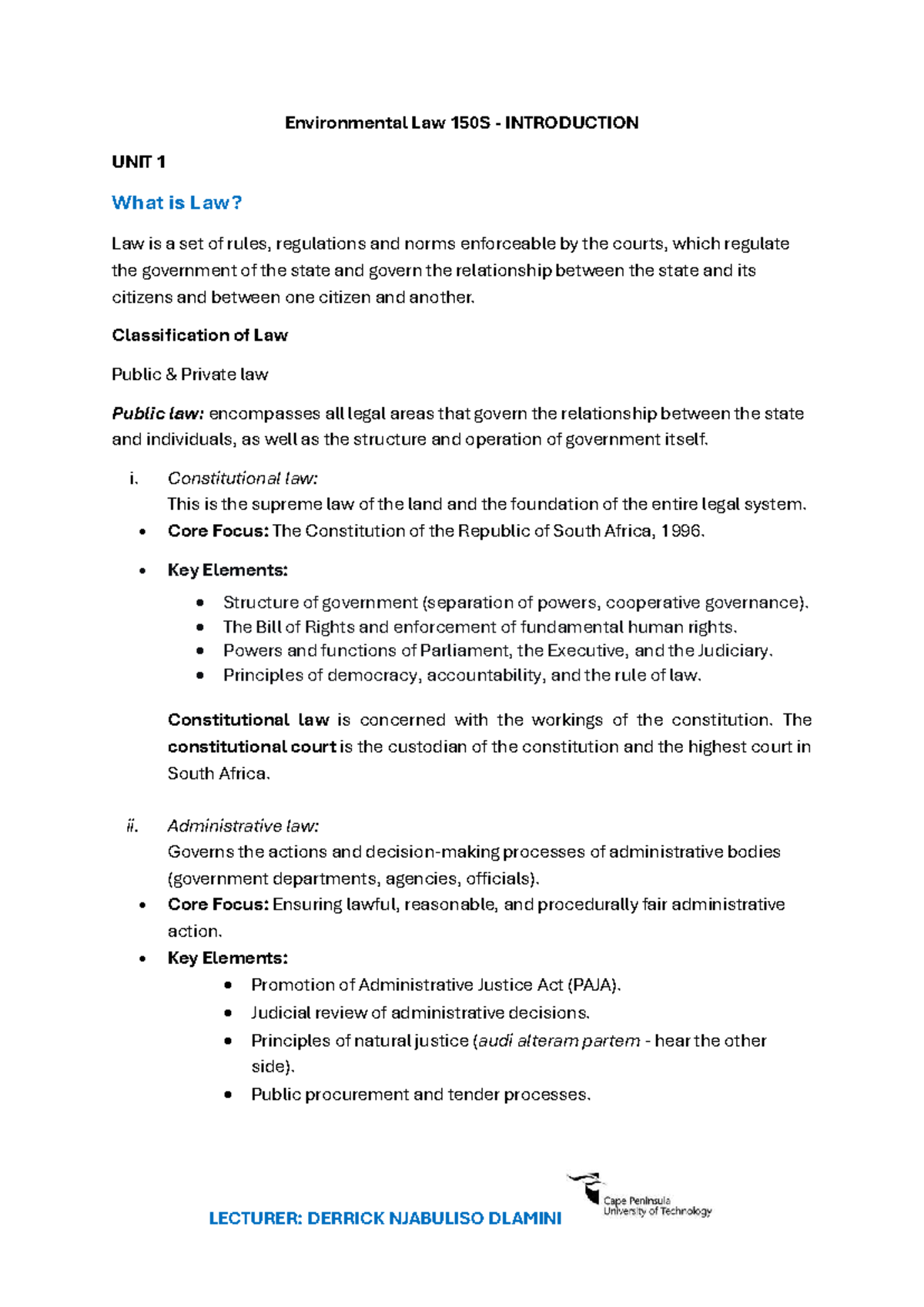 Environmental Law 150S - Introduction Lecture Notes - Studocu