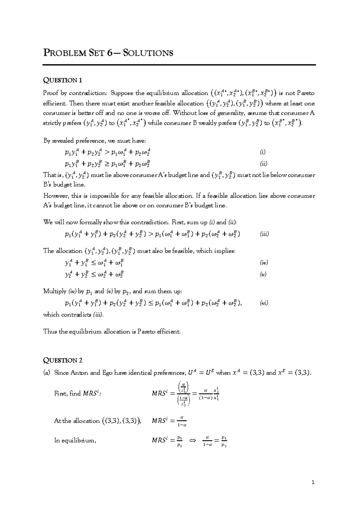 Problem Set 6 Solutions - Microeconomic Theory Analysis - Studocu