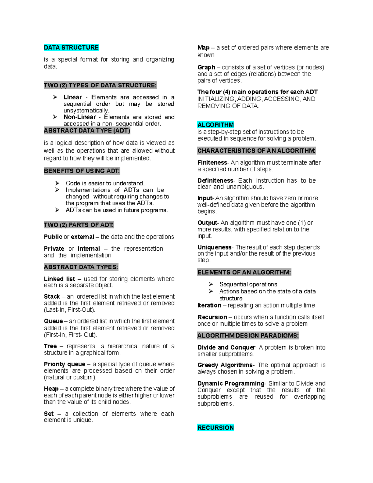 DSA- Reviewer - DATA STRUCTURE is a special format for storing and ...