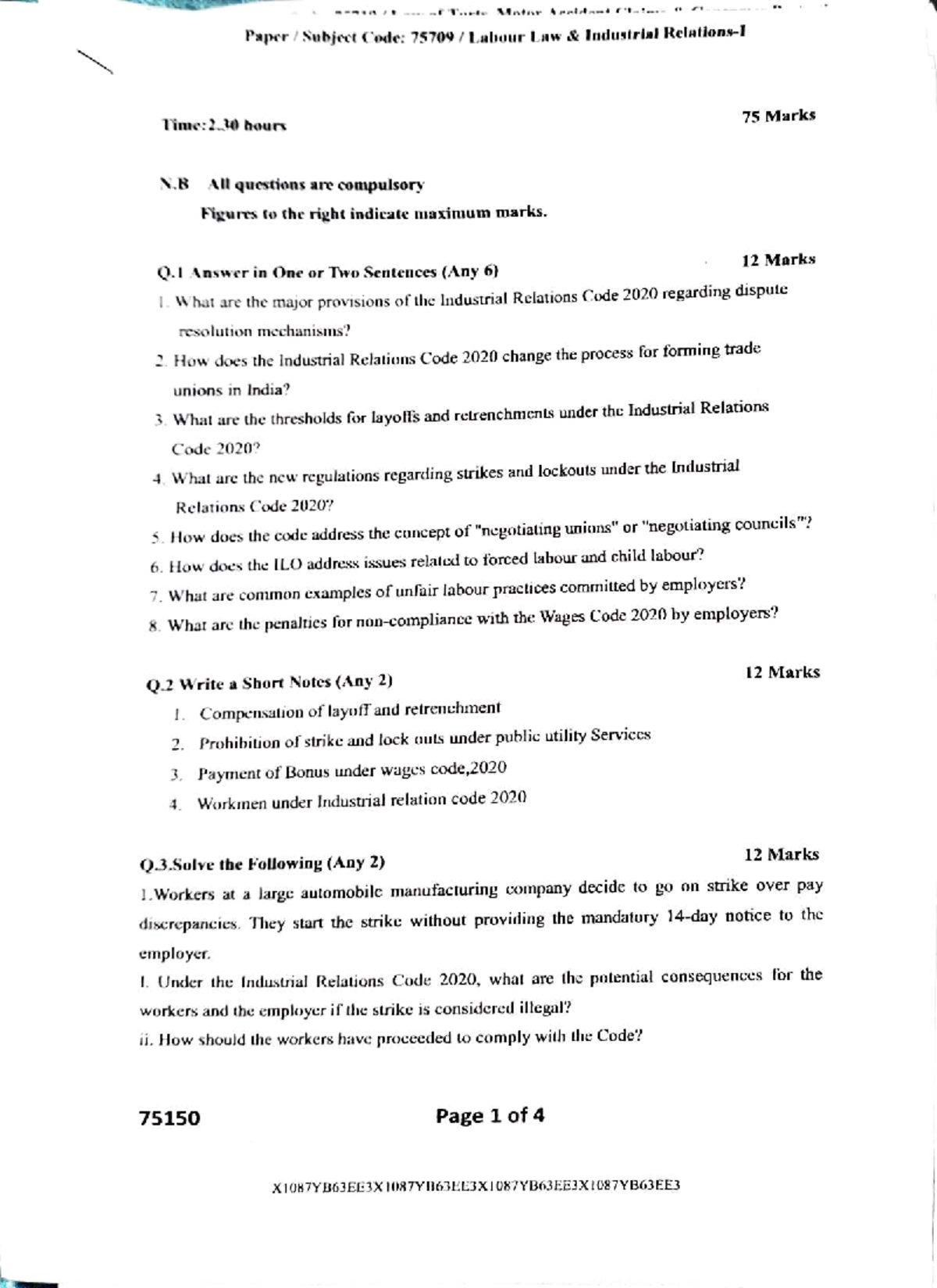 Labour Law 2025 Question Paper (Course Code: 75709) with Key Topics ...