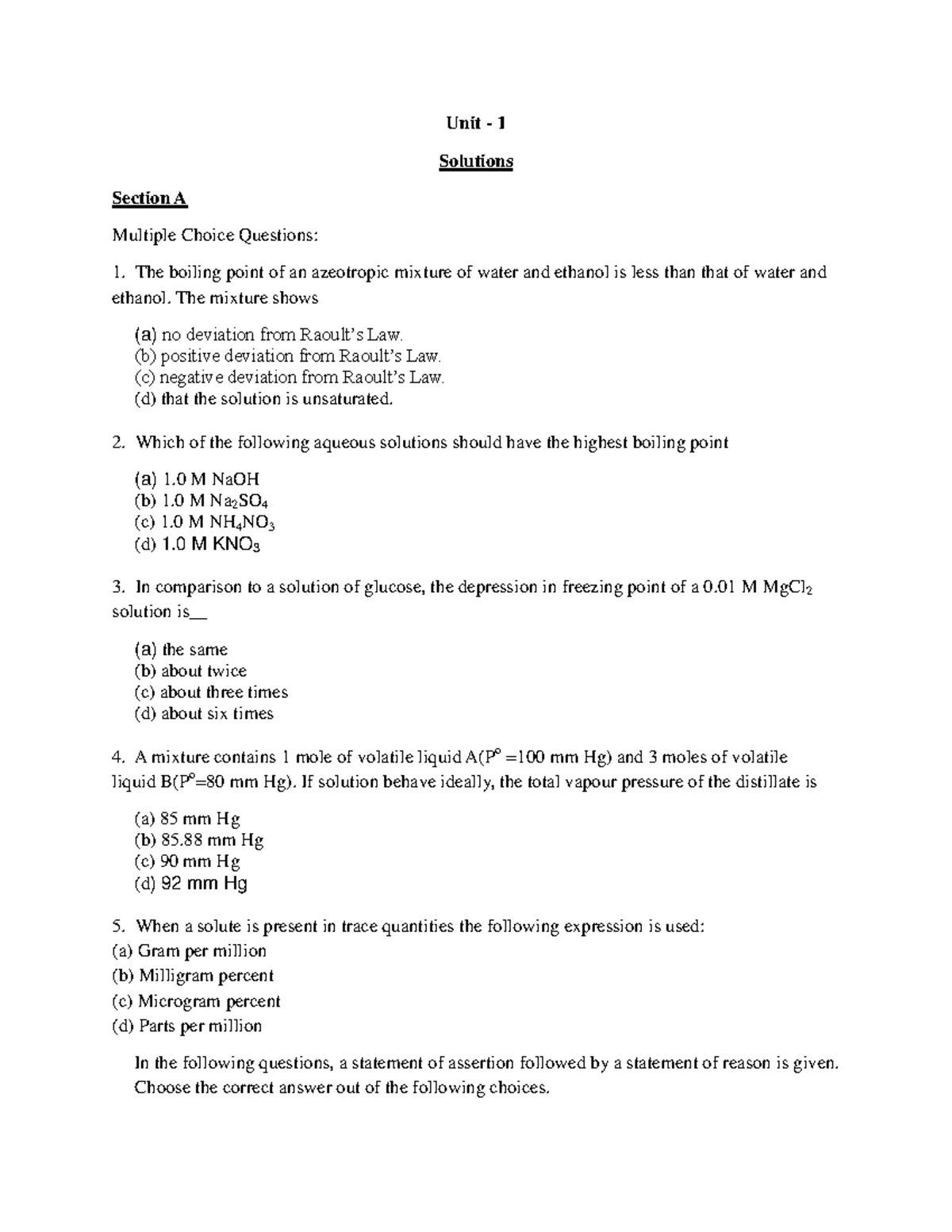 Unit 1 Solutions MCQs: Boiling Points & Freezing Point Depression - Studocu
