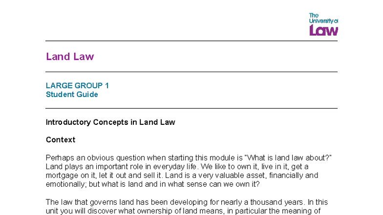 Land Law LARGE GROUP 1: Introductory Concepts and Ownership - Studocu