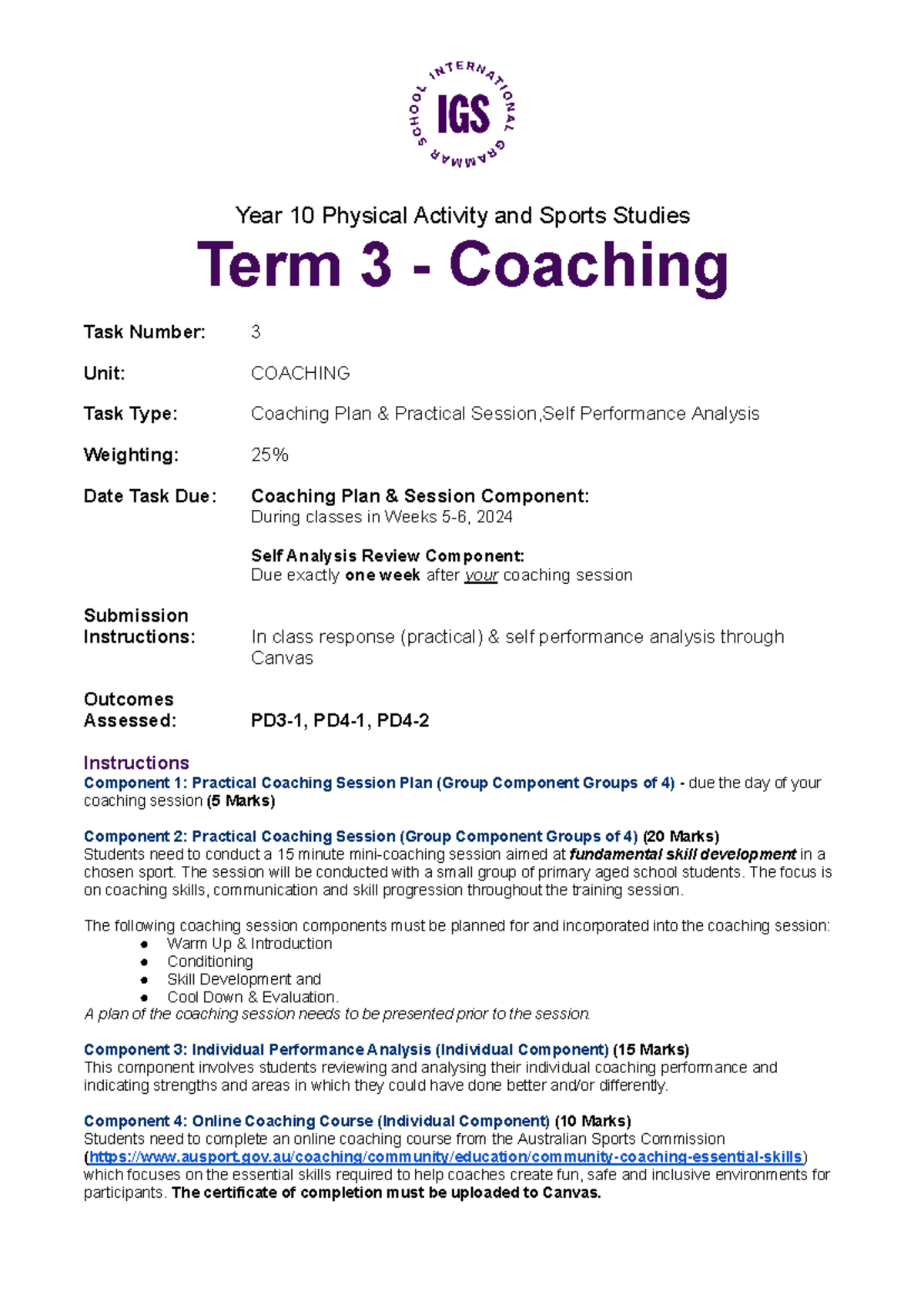 Year 10 PASS Term 3 Coaching Task 3: Session Plan & Analysis - Studocu