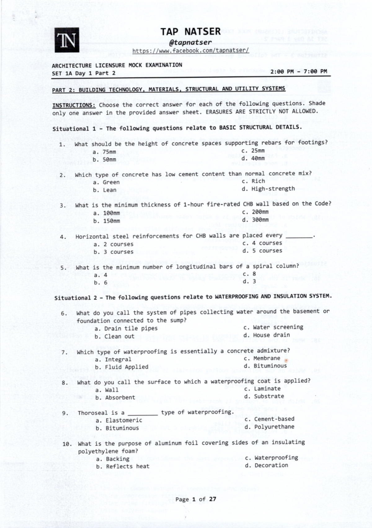 TAP NATSER ARCHITECTURE LICENSURE MOCK EXAM SET 1A Day 1 Part 2 - Document Preview