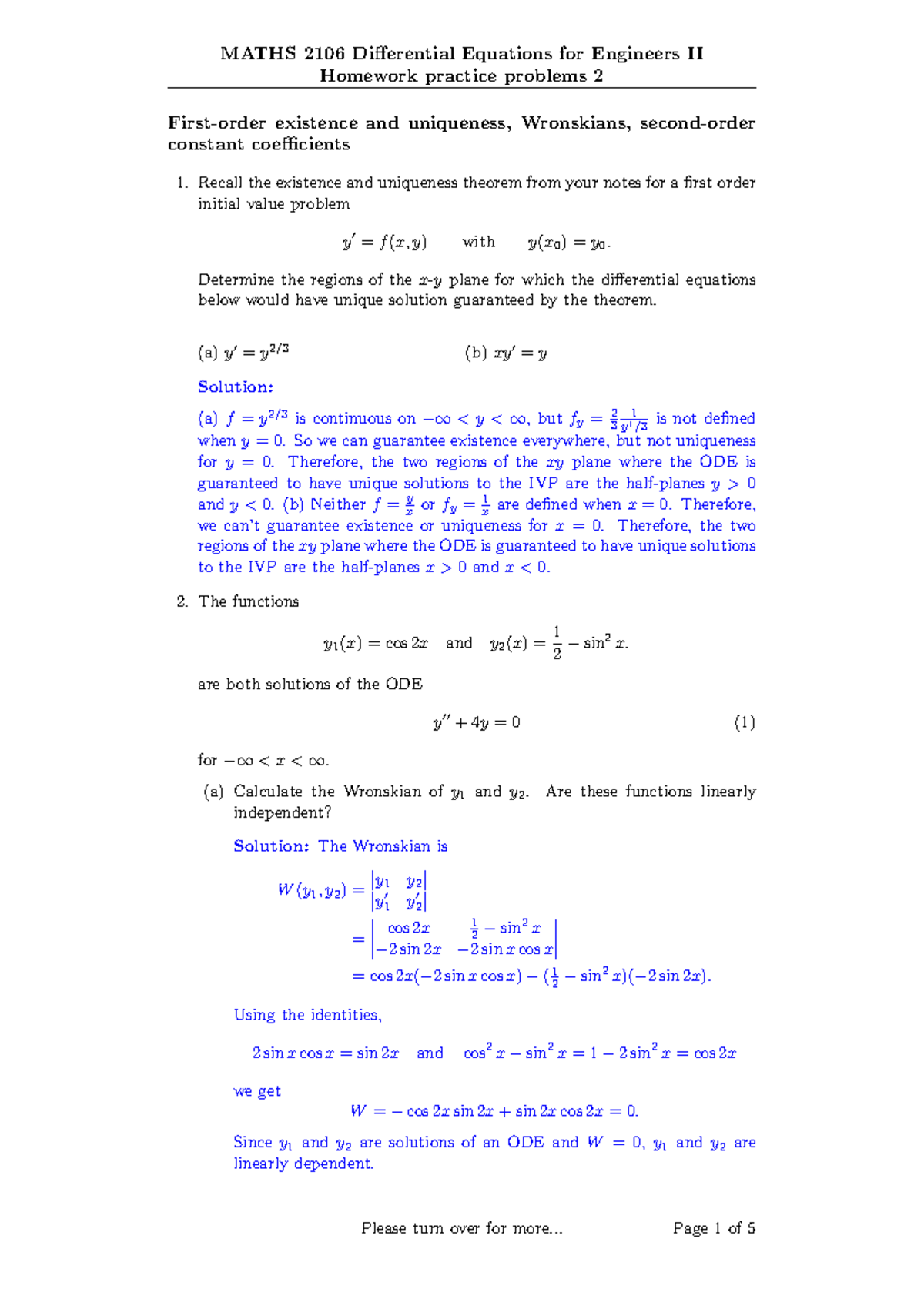MATHS 2106 Final Exam Solutions for Differential Equations Practice 2 ...