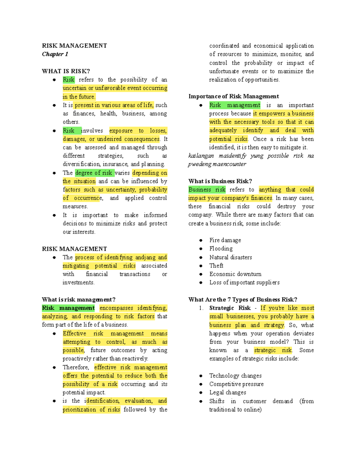 RISK MANAGEMENT (Course Code: RSK101) - Chapter Insights and Types ...