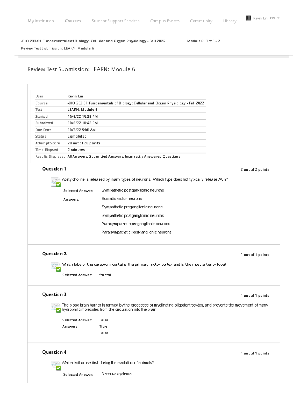 Review Test Submission for LEARN: Module 6 - BIO 203.01 - Studocu
