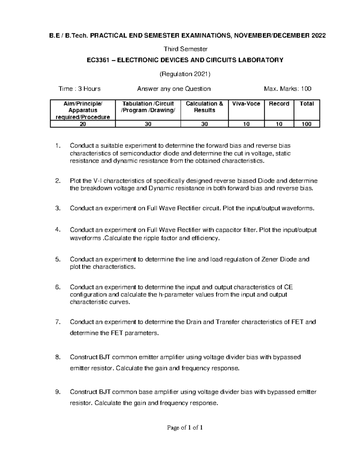 EC3361 Third Sem. Practical Exam: Electronic Devices Lab 2022 - Studocu