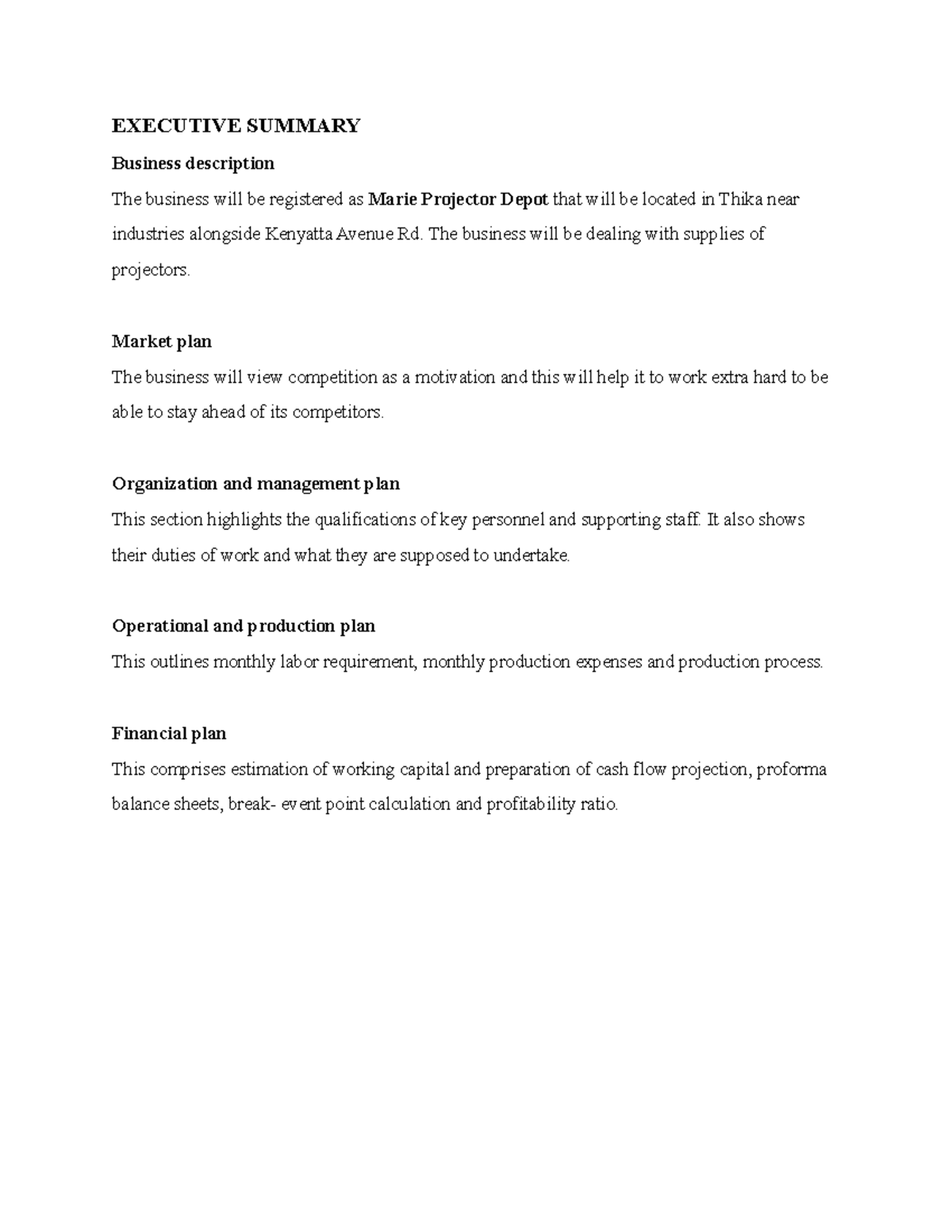 BUS 101: Business Plan for Marie Projector Depot in Thika - Studocu