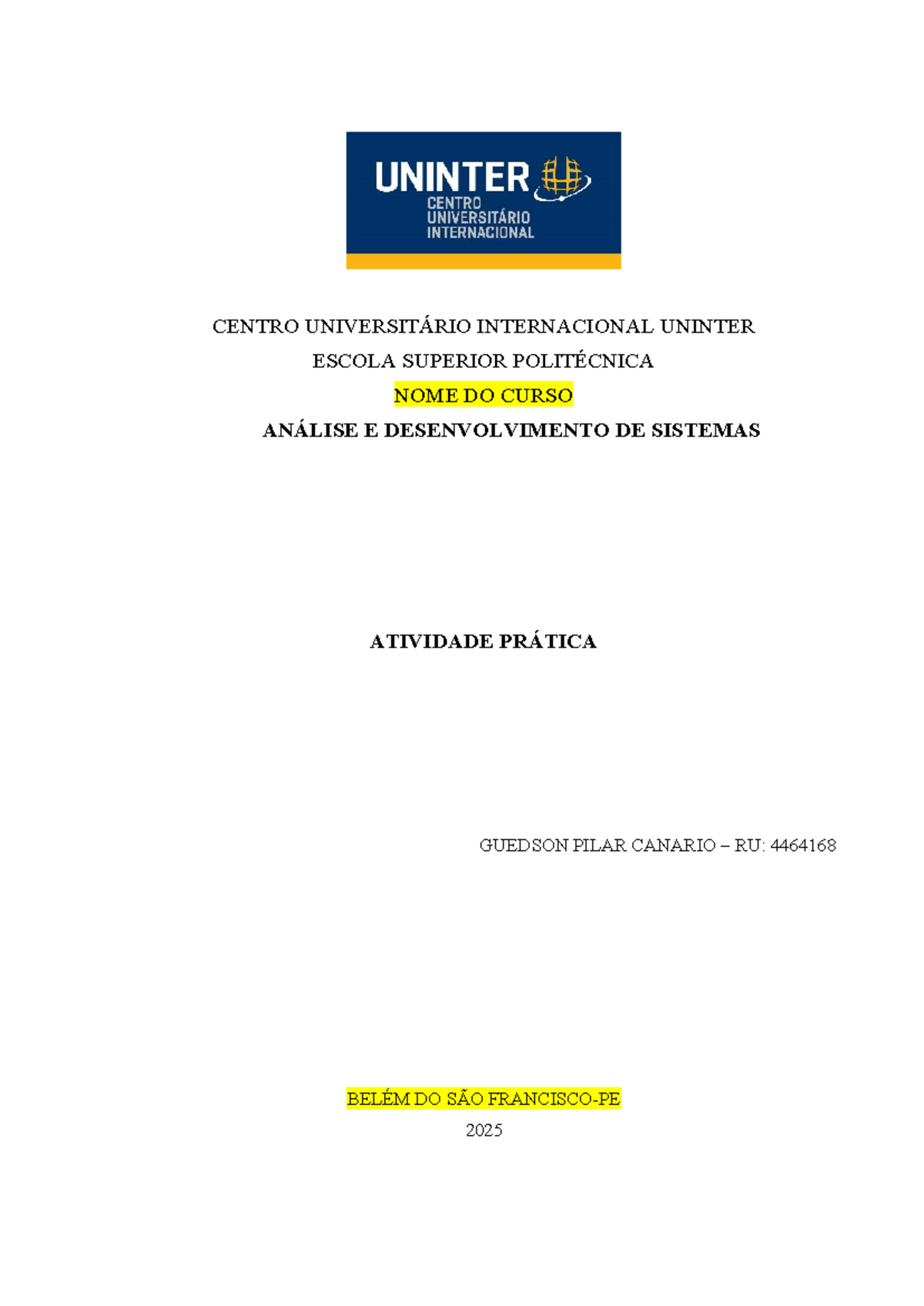 Atividade Prática - Modelo de Capa FDS para Análise e Desenvolvimento ...