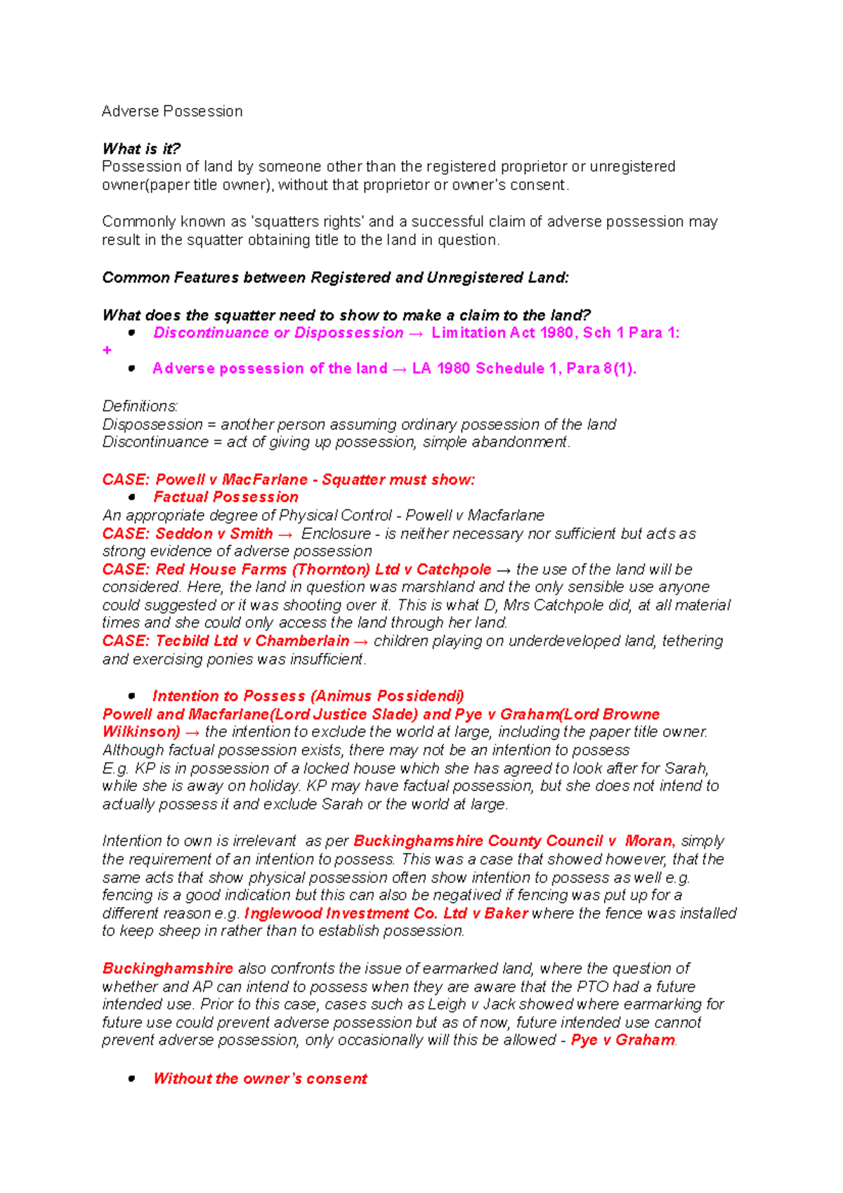 Adverse Possession: Legal Principles and Case Analysis Notes - Studocu
