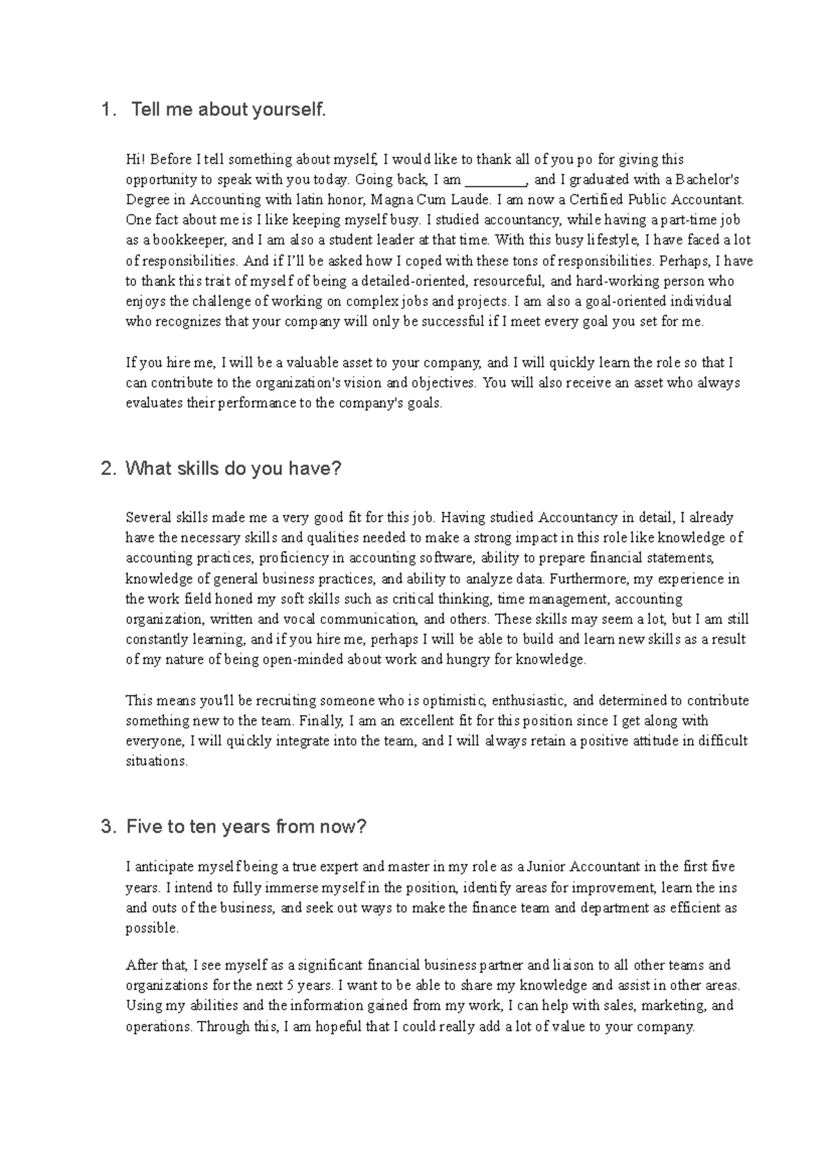 Accounting Graduate: Sample Interview Questions & Responses - Studocu