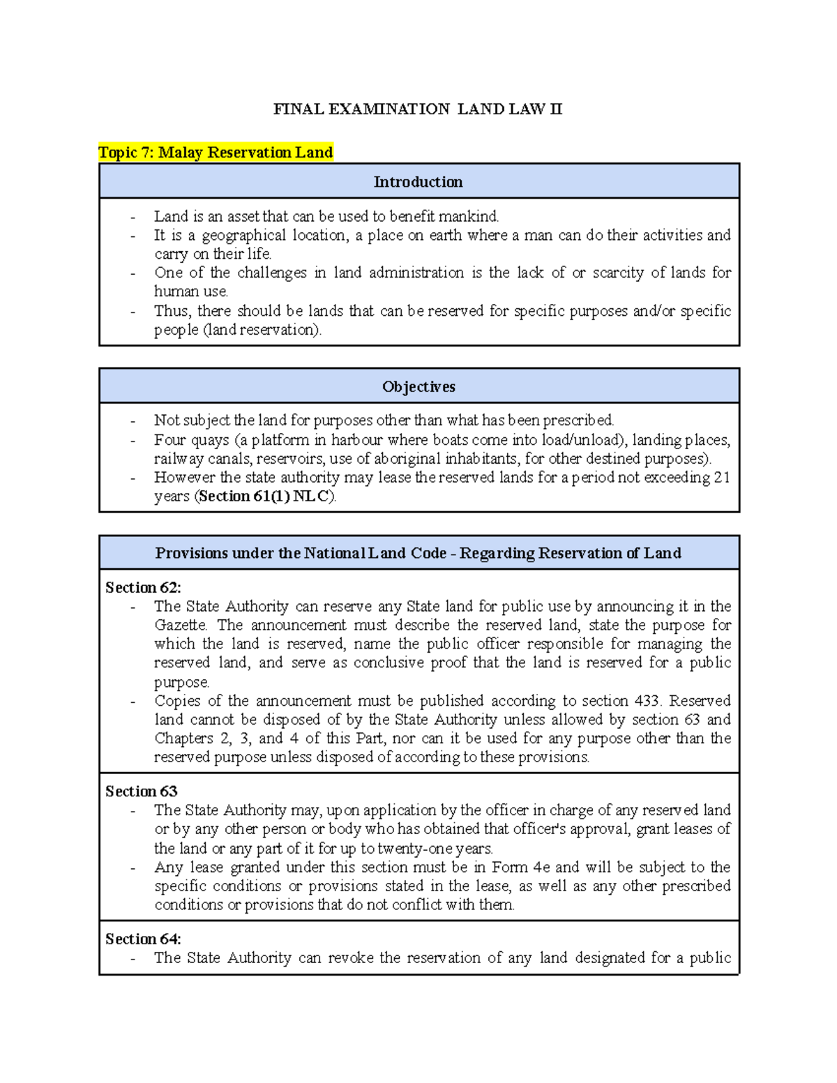 Final Exam Notes on LAND LAW II: Malay Reservation Land - Studocu