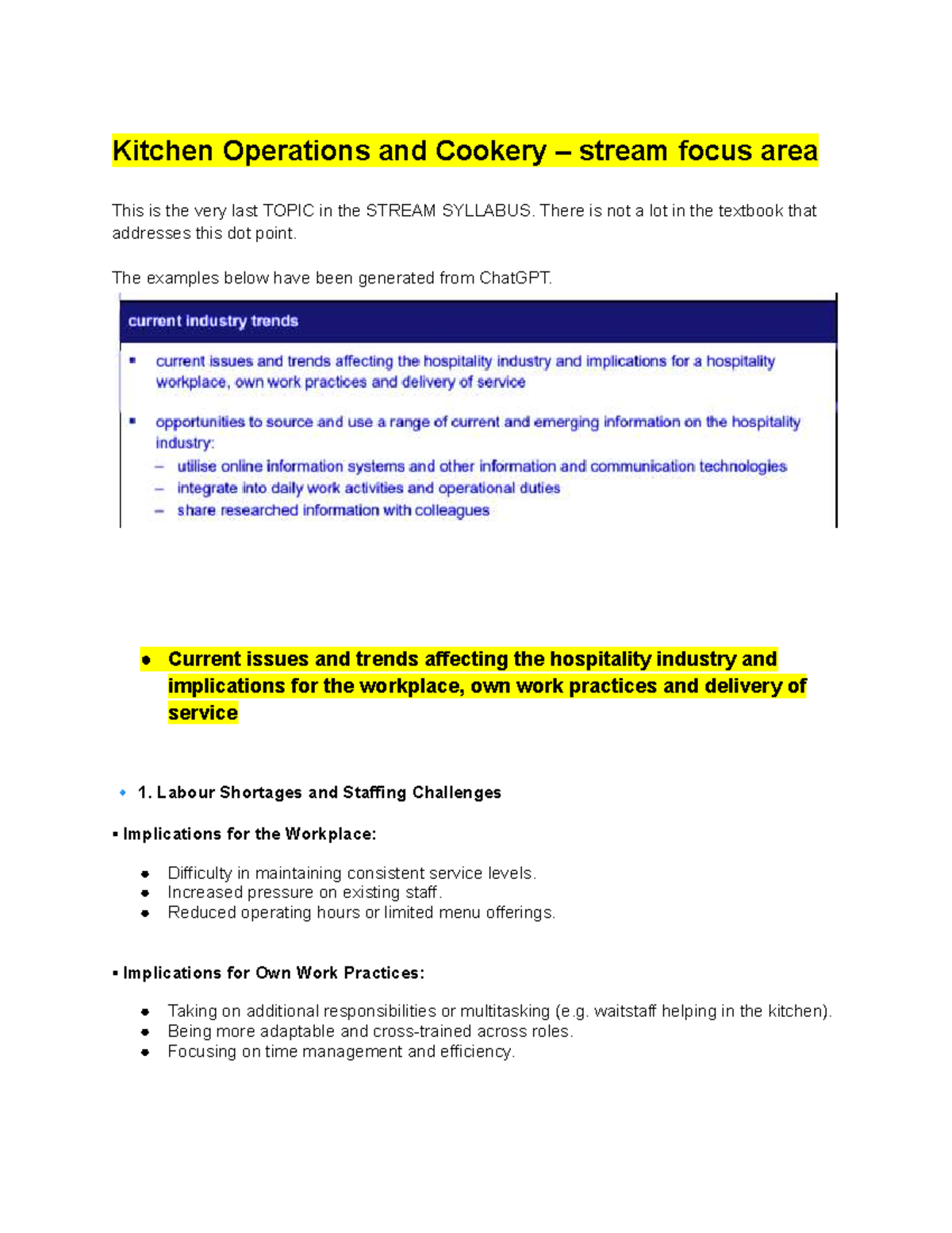 Current Trends in Hospitality & Kitchen Ops - Key Implications - Studocu