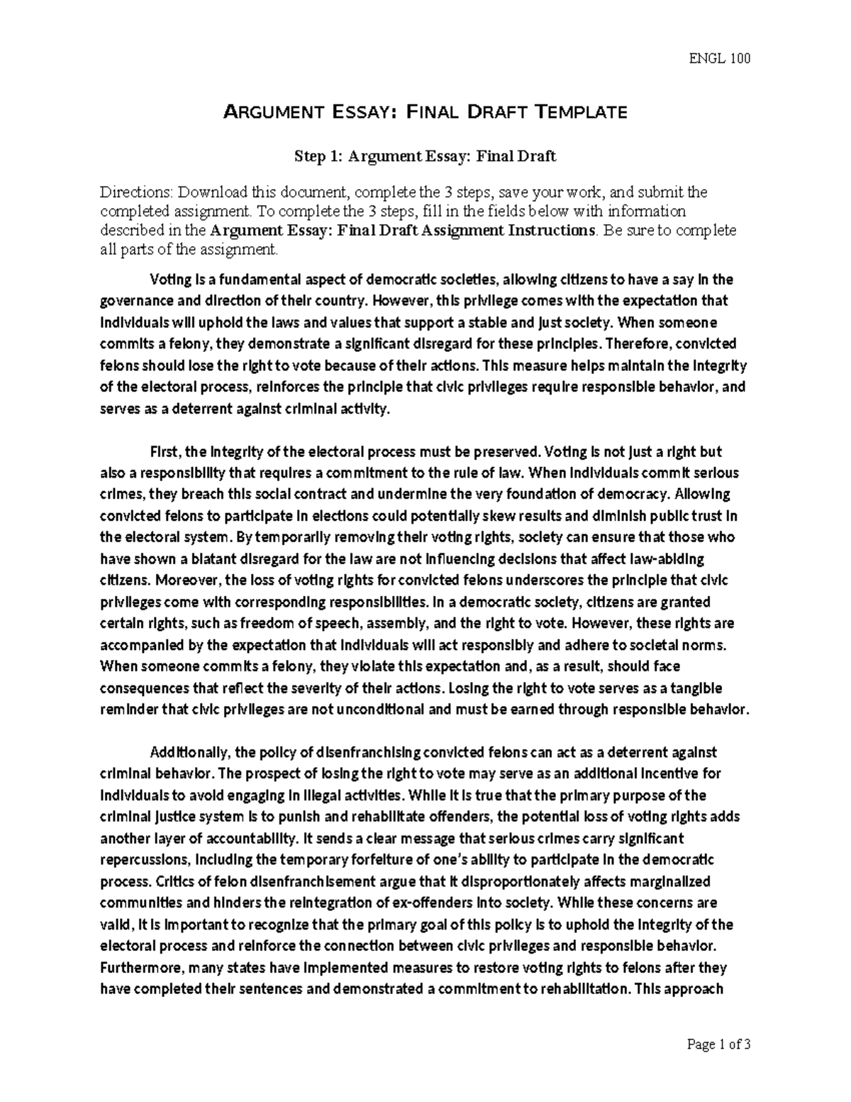ENGL 100 Argument Essay Final Draft: Disenfranchisement of Felons - Studocu