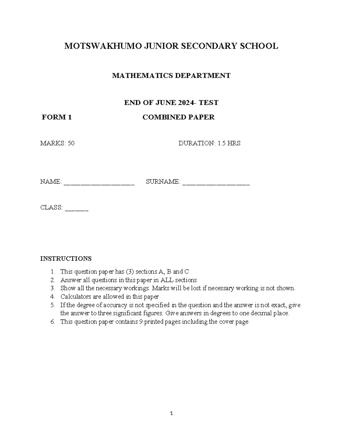 END OF JUNE TEST FORM 1 - MATHEMATICS PRACTICE QUESTIONS - Studocu