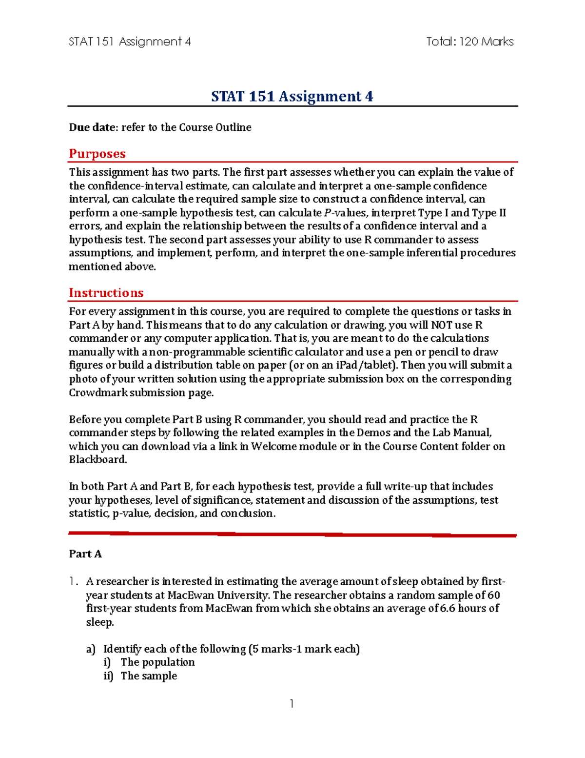 STAT 151 Assignment 4: Confidence Intervals & Hypothesis Testing - Studocu