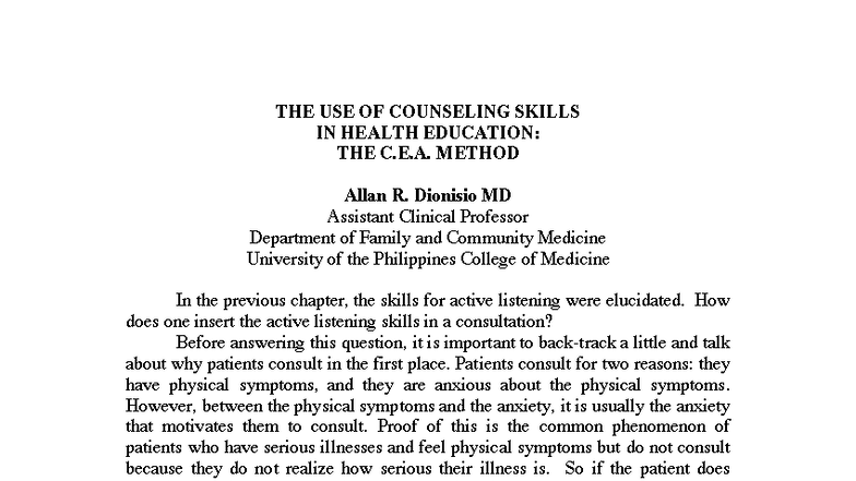 CEA Method in Health Education: Utilizing Counseling Skills - Studocu