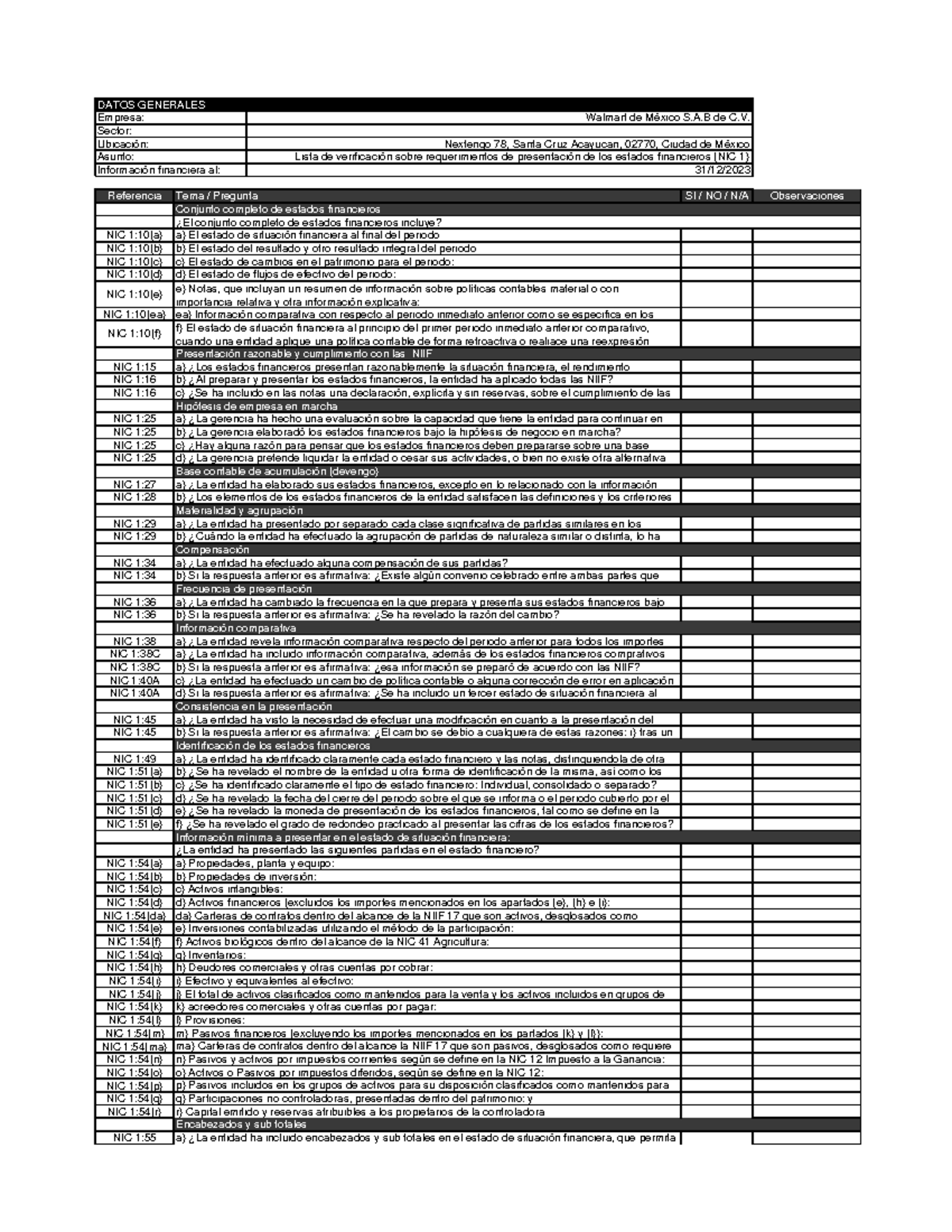 Checklist NIC1 - Referencia SÍ / NO / N/A Observaciones NIC 1:10(a) NIC ...