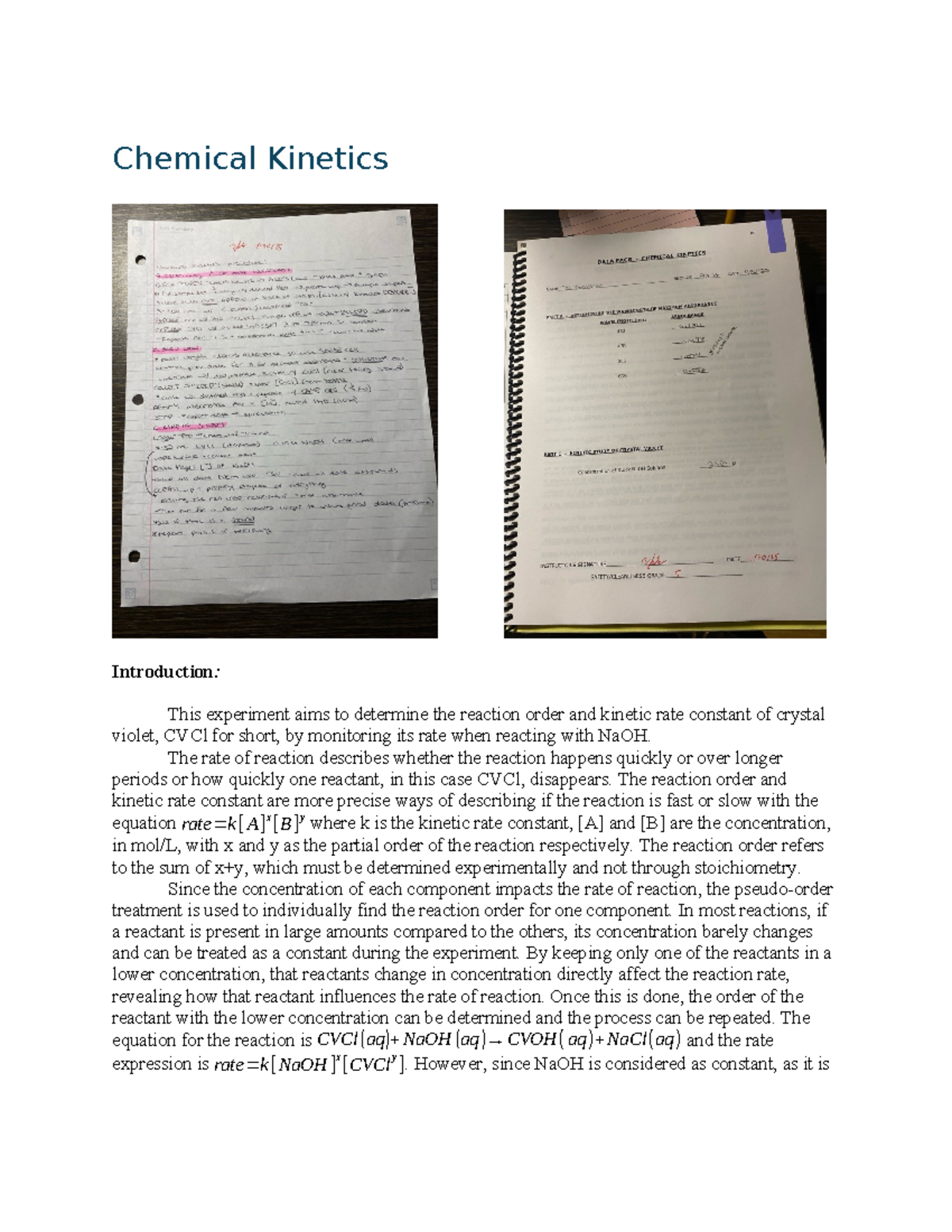 chemical kinetics lab - Chemical Kinetics Introduction: This experiment ...