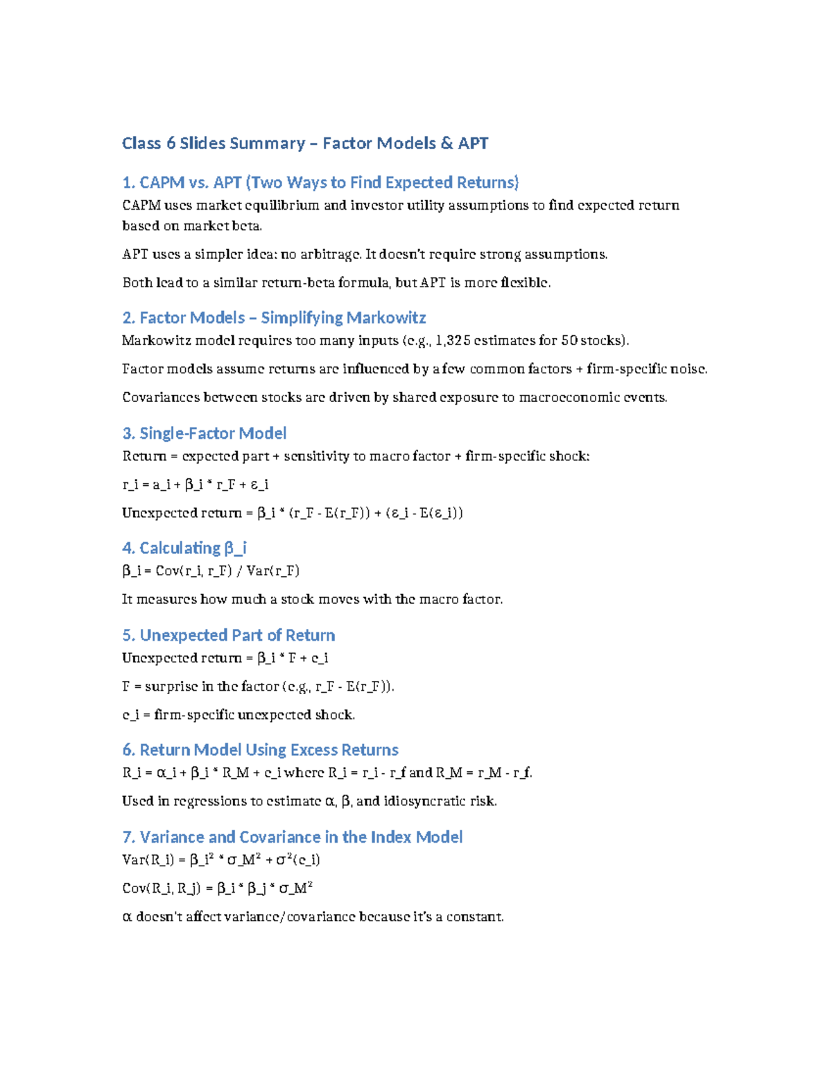 Class 6 Summary: APT & Factor Models Overview and Key Insights - Studocu