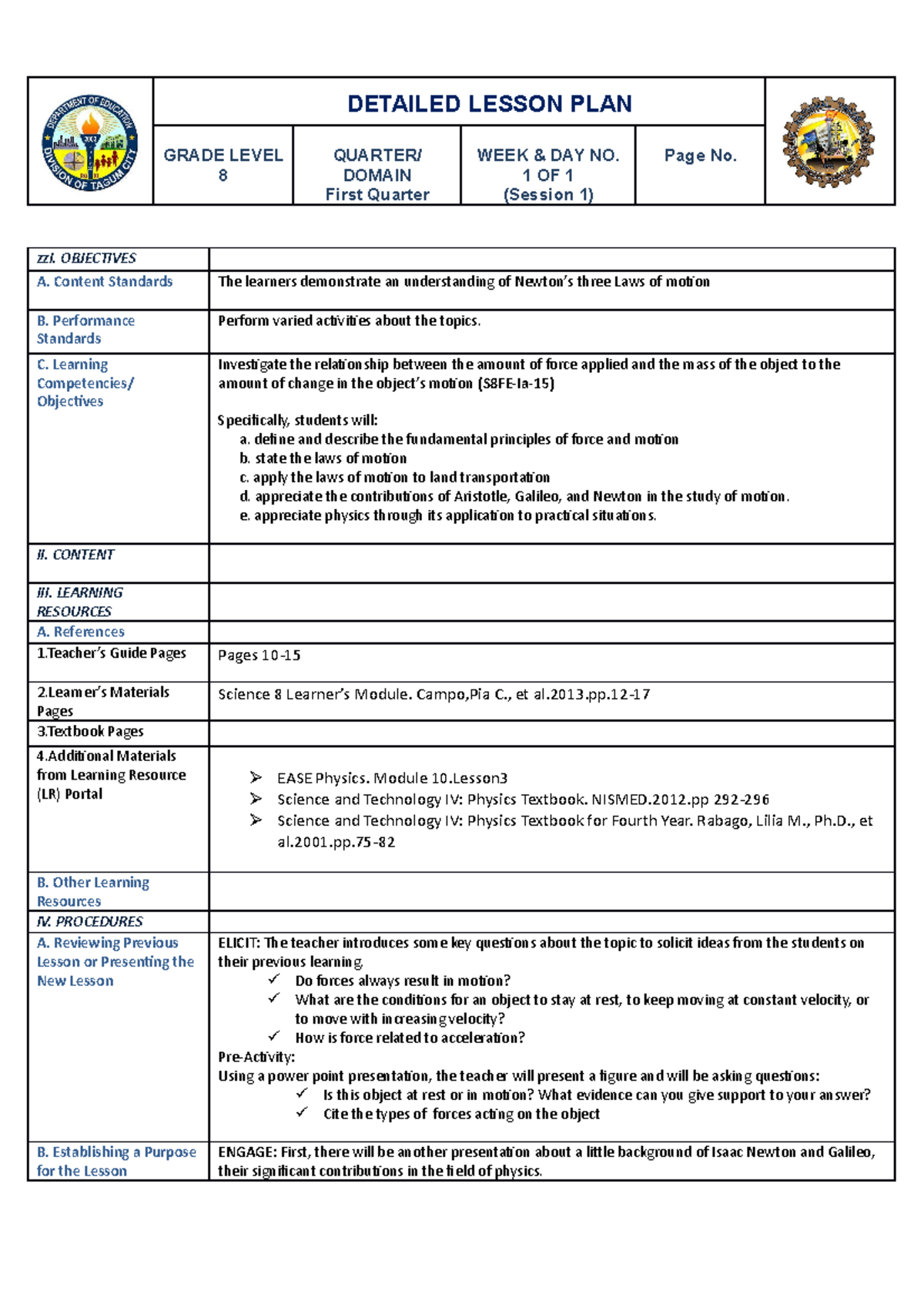 DLP - COT 1 - Physics Lesson Plan on Force & Motion - Studocu