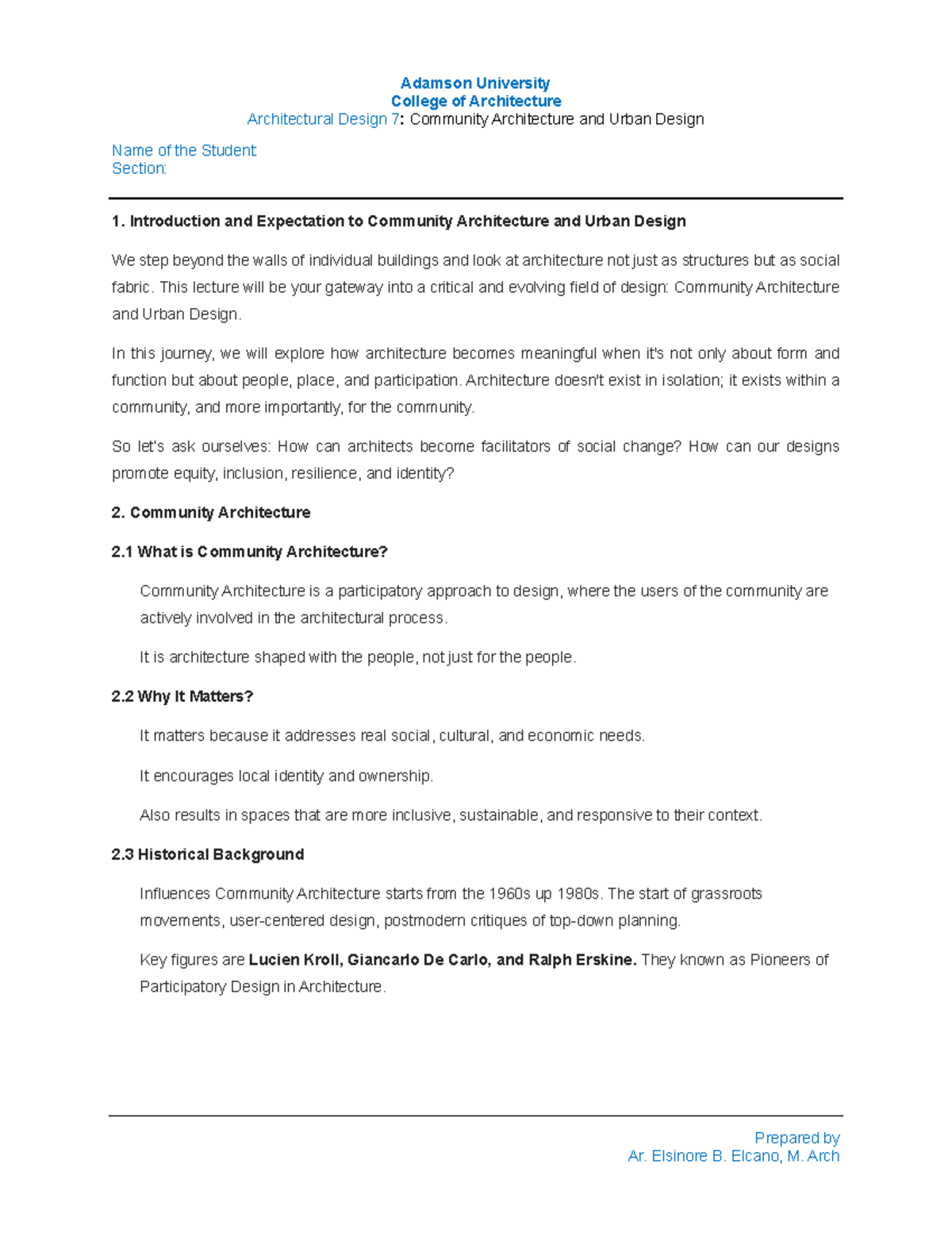 Architectural Design 7: Community Architecture & Urban Design Prelim ...