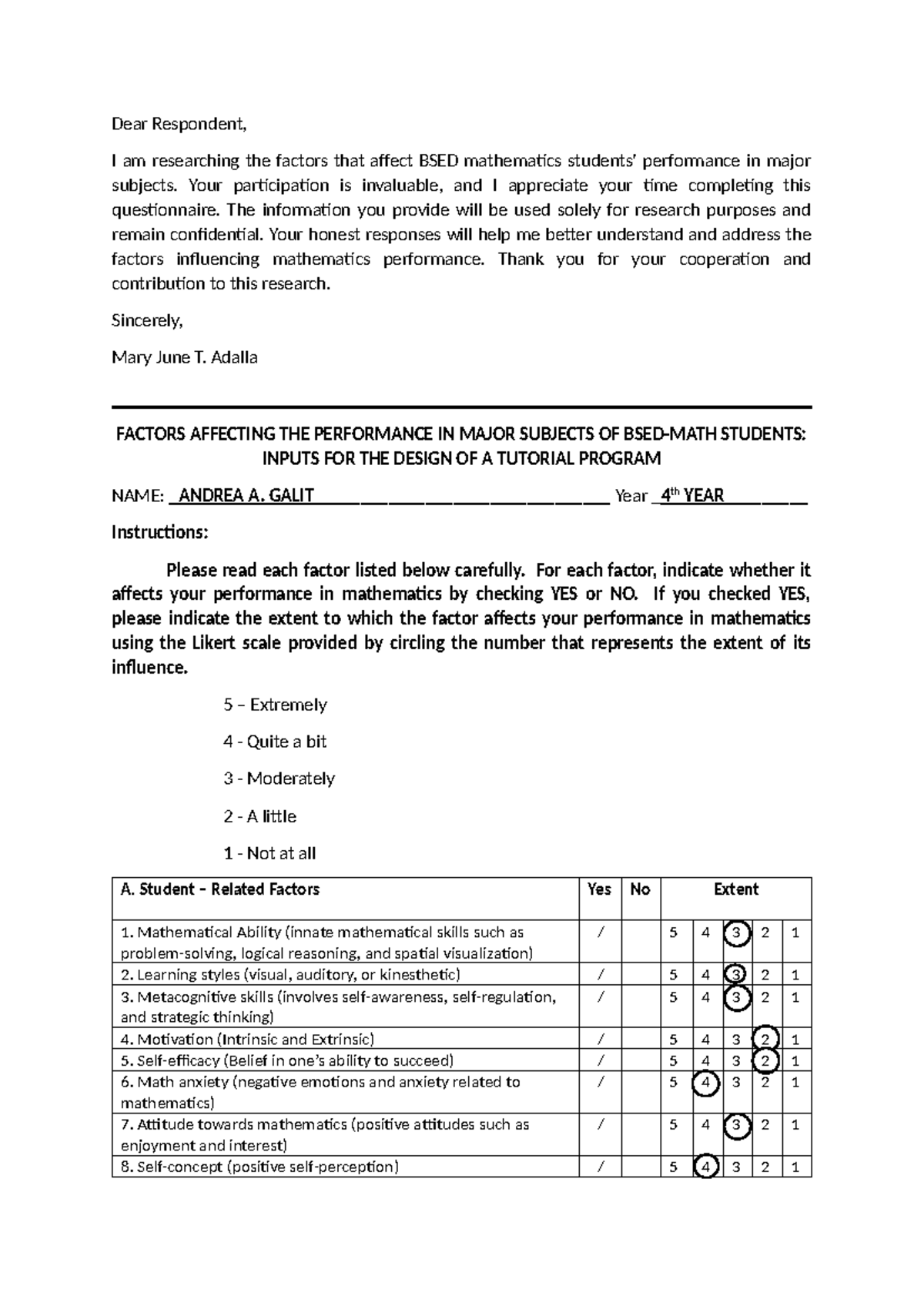 Questionnaire on Factors Affecting THE Performance OF MATH Majors ...