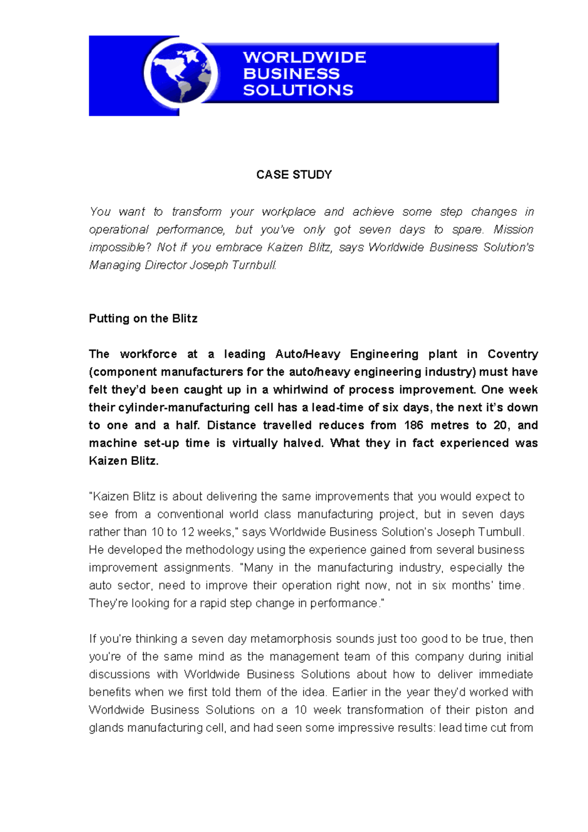 Kaizen Blitz Case Study - Leading Auto c - CASE STUDY You want to ...