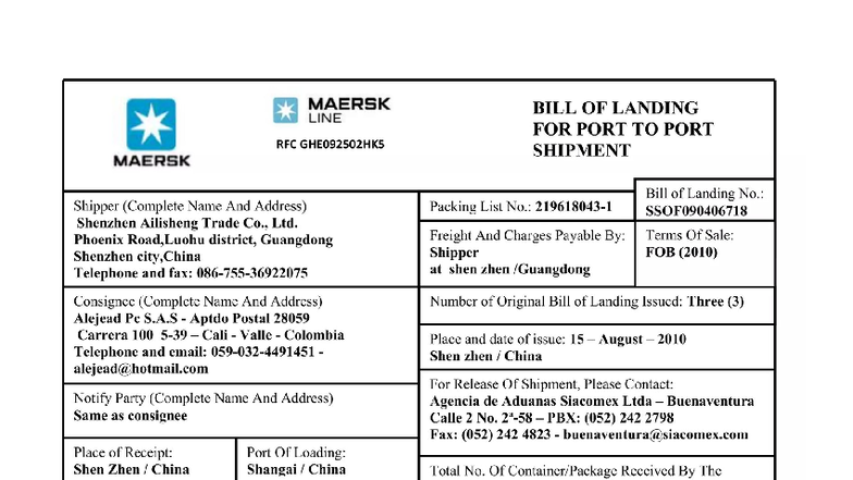 MAERSK Bill of Lading for Port-to-Port Shipment RFC GHE092502HK5 - Studocu