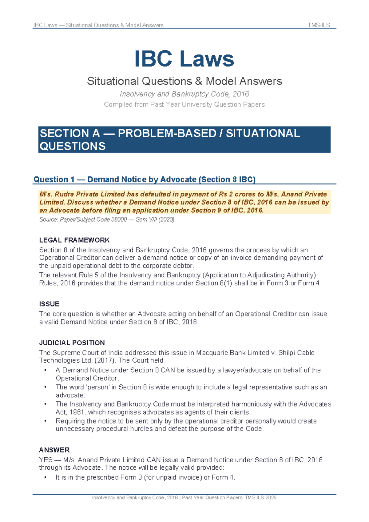 IBC Laws Situational Questions Model Answers - Past Year Insights - Studocu