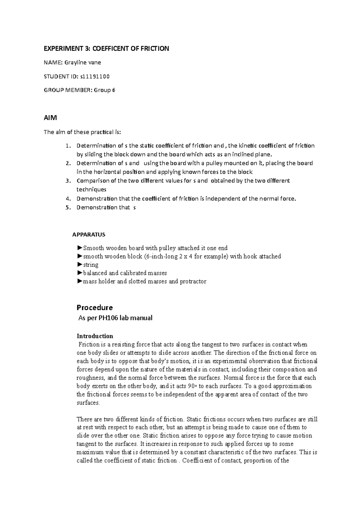 PH106 Experiment 3: Coefficient of Friction Analysis Report - Studocu