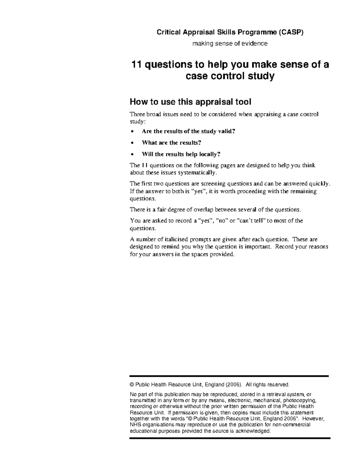 Critical Appraisal Skills Programme (CASP): Case Control Study Guide ...