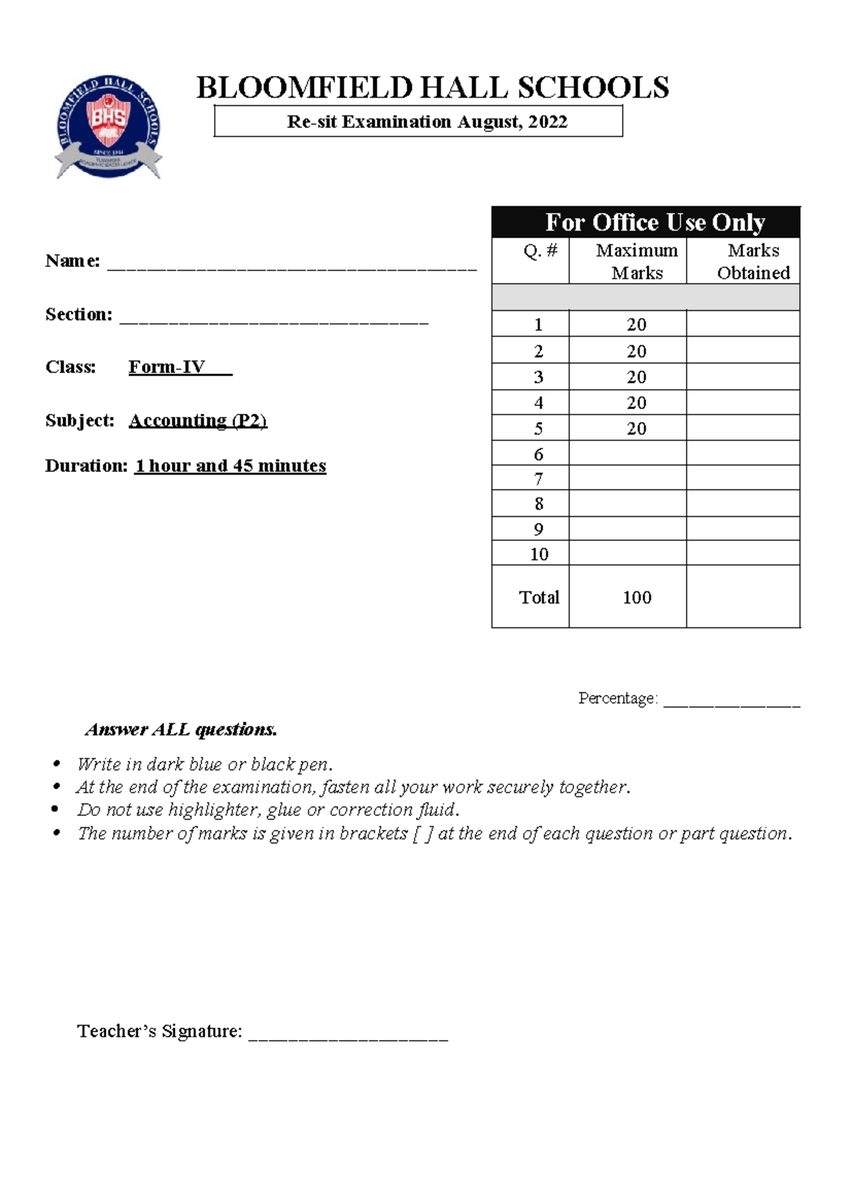 Accounting p2 cover - o level practice - BLOOMFIELD HALL SCHOOLS Re-sit ...
