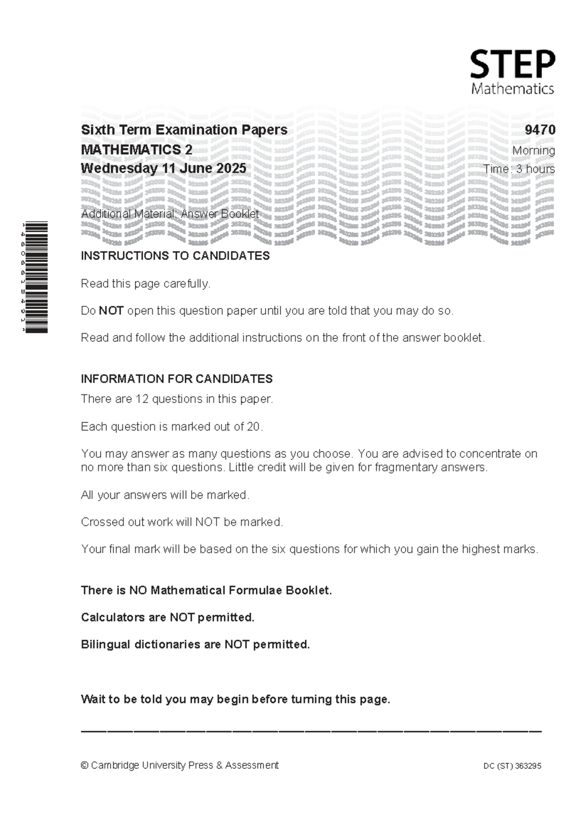 STEP 2 2025 Mathematics Examination Paper - Studocu