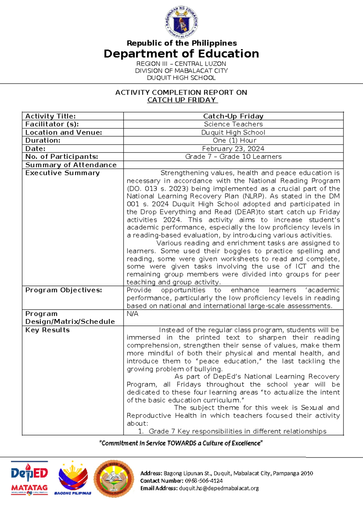 ACTIVITY COMPLETION REPORT ON CATCH UP FRIDAY (ACR 2024) - Studocu