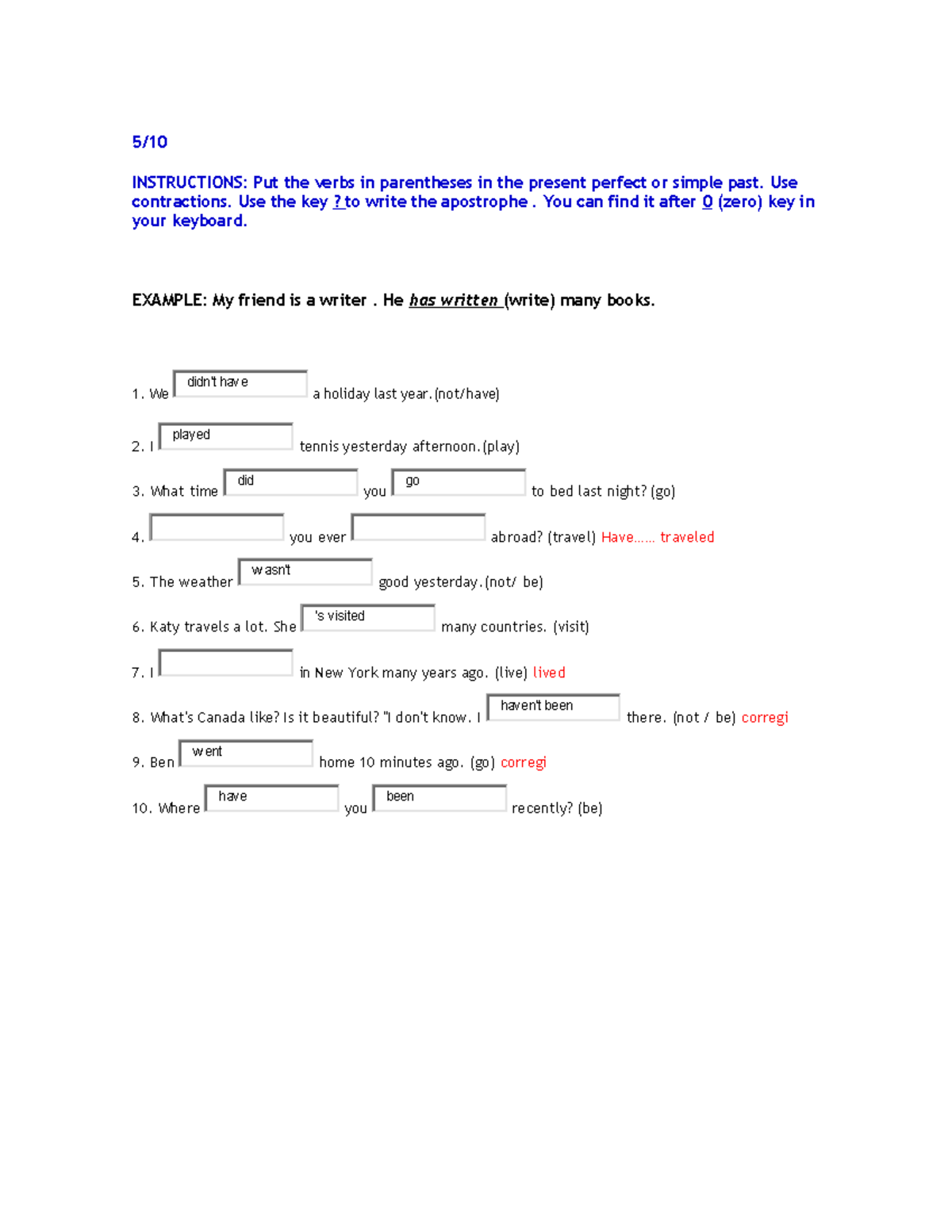 Present Perfect Practice Exercises for Grammar Mastery - Studocu