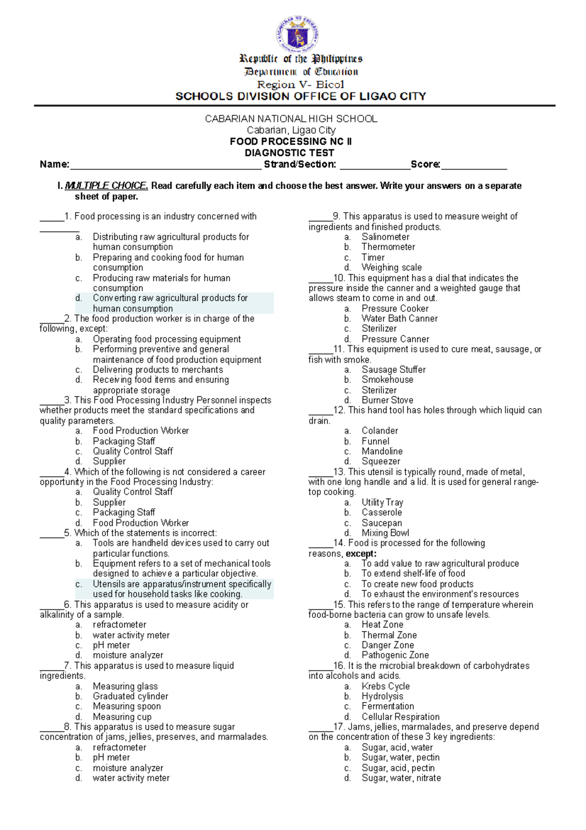 Diagnostic Test: Food Processing NC II Examination Questions - Studocu